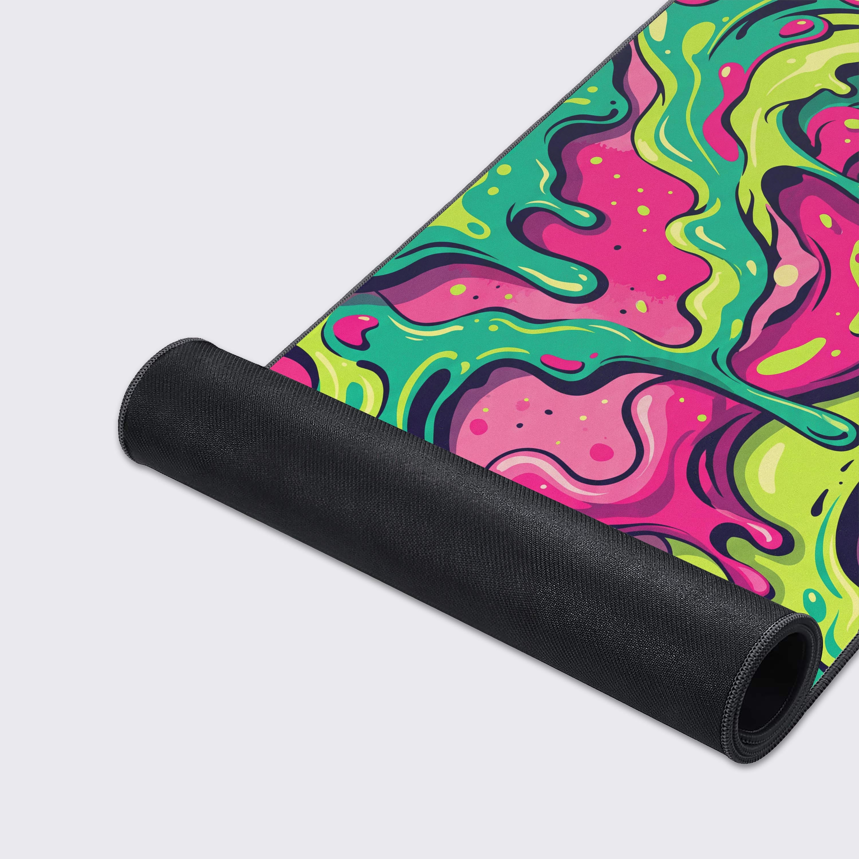 A close-up of the Acid Drip gaming desk mat's high-quality textured surface and durable stitched edges, highlighting its liquid neon art style. - Epic Design Pads & Mousepads