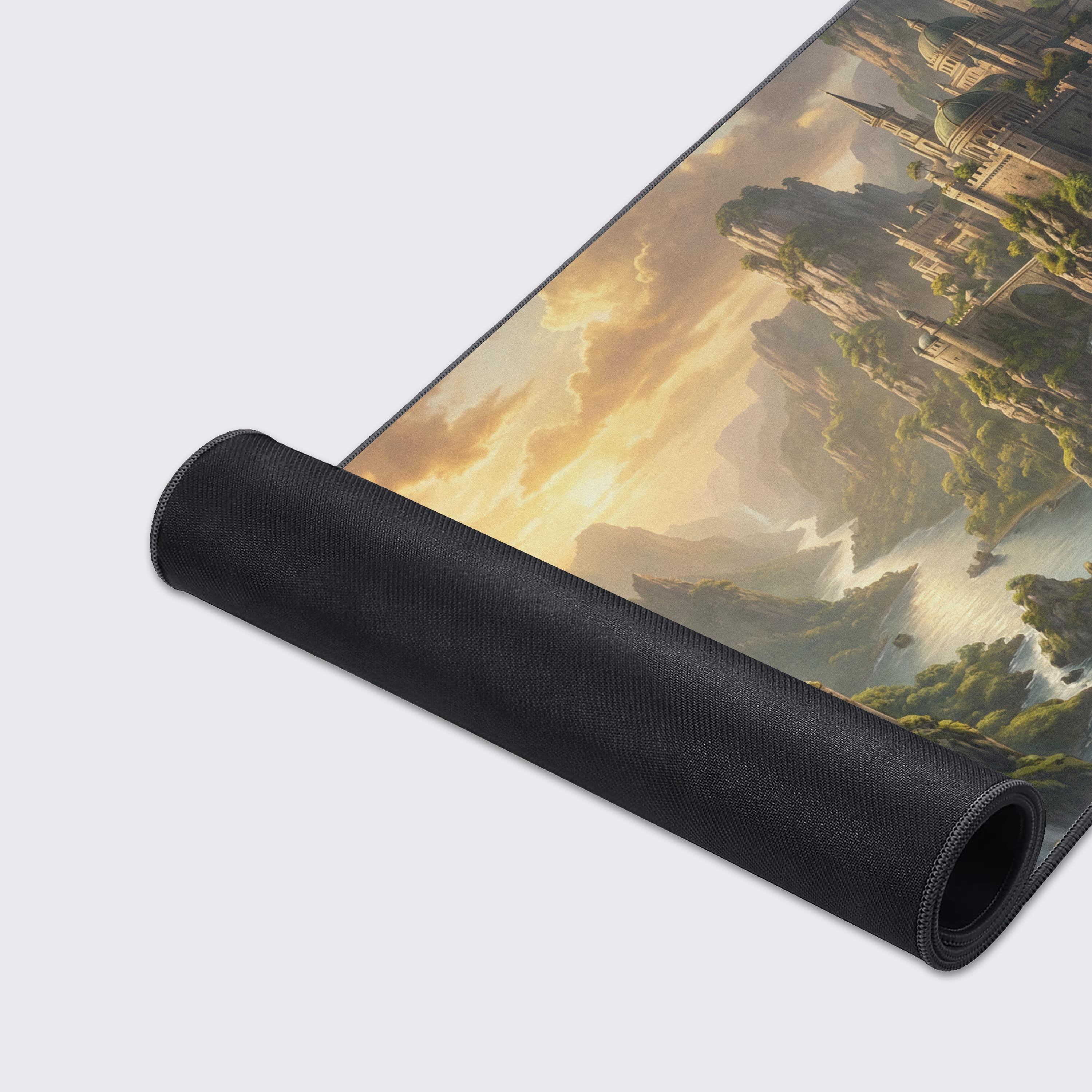 A close-up shot of the Ethereal Ascent gaming desk mat, highlighting the durable stitched edges and smooth fabric texture of the fantasy kingdom design. - Epic Design Pads & Mousepads