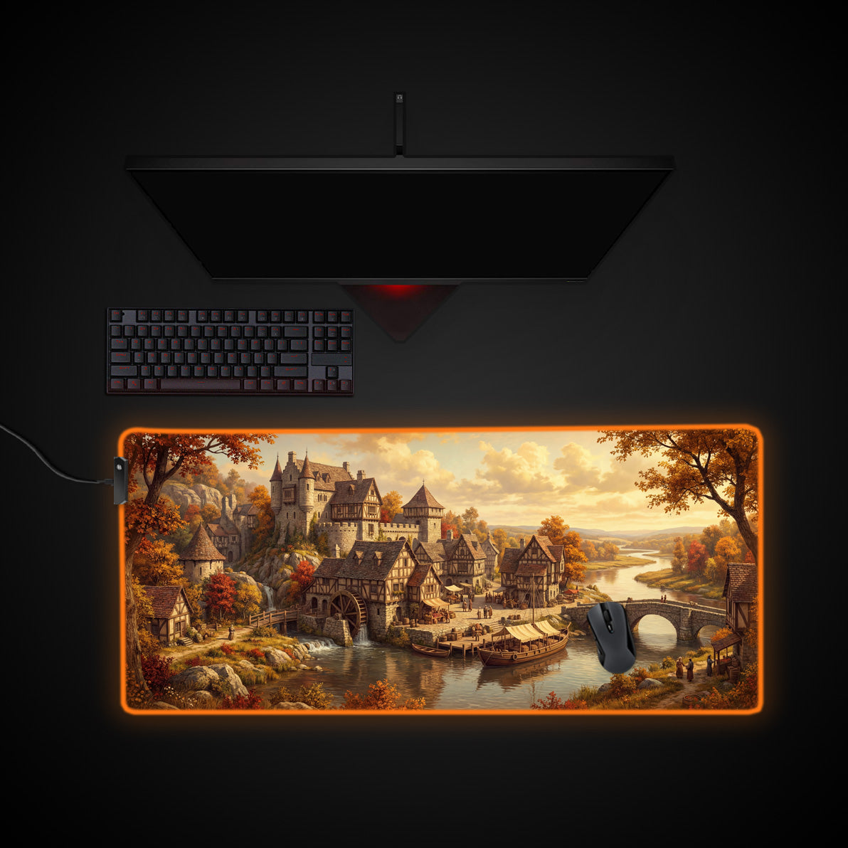 Autumn River Hamlet desk mat with RGB edge lighting