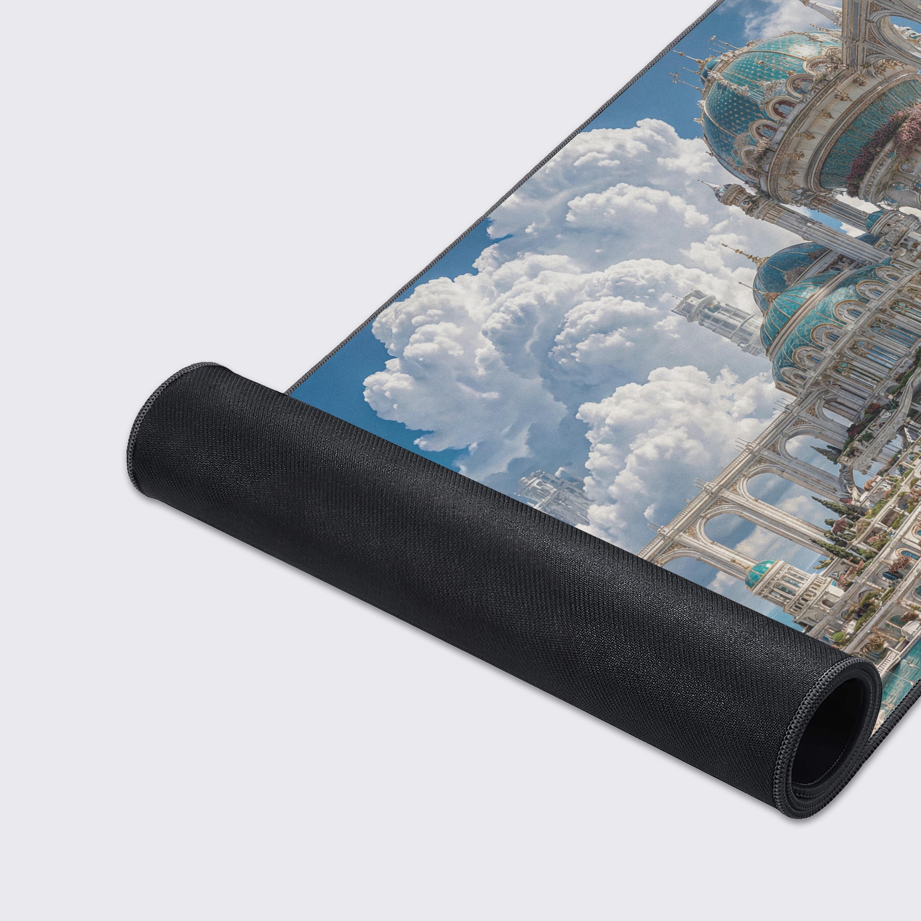 A close-up of the Cloudborne Empire mouse pad, highlighting the vibrant fantasy city art, smooth fabric texture, and durable stitched edges. - Epic Design Pads & Mousepads