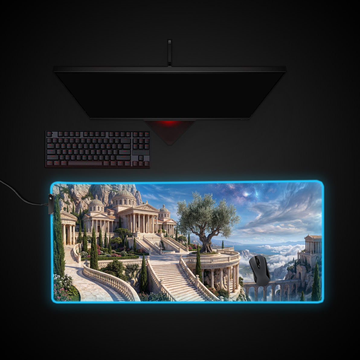 Starlight Marble Temple desk mat with RGB edge lighting