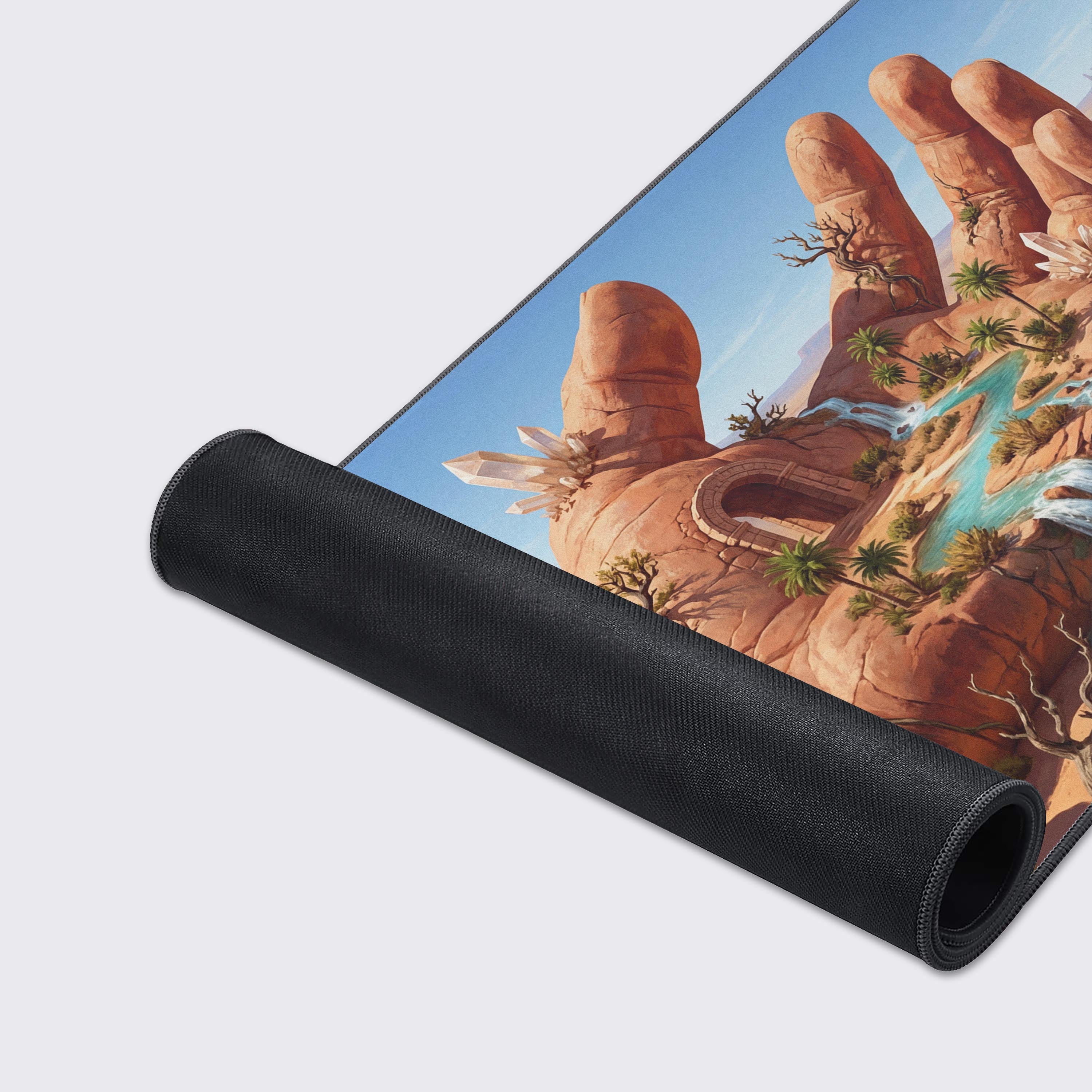A close-up showcase of 'The Keeper's Palm' gaming desk mat, highlighting the detailed art of the stone hand and the durable stitched edges of the smooth fabric surface. - Epic Design Pads & Mousepads