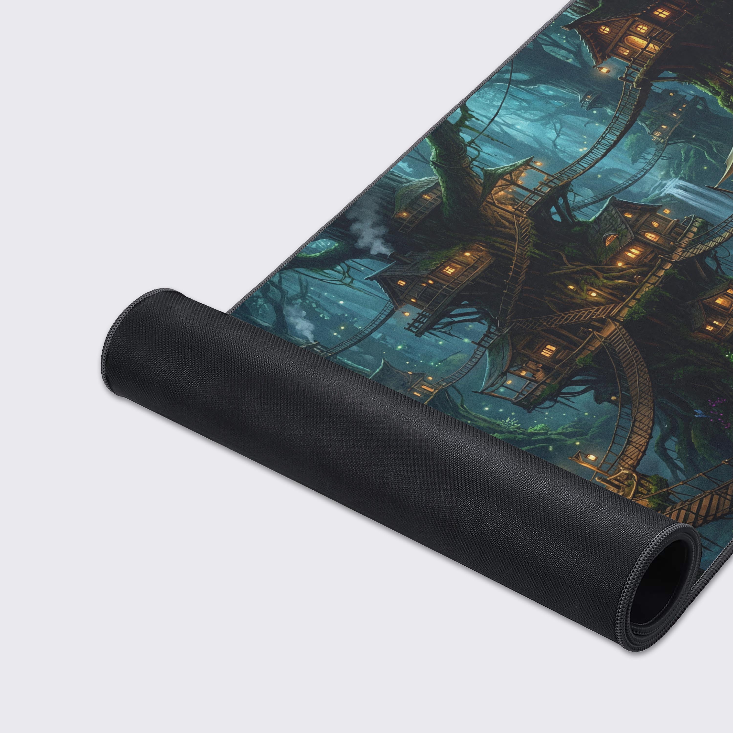 A close-up of the Goldenwood Refuge gaming desk mat, highlighting the high-quality fabric texture and durable stitched edges of the fantasy forest design. - Epic Design Pads & Mousepads