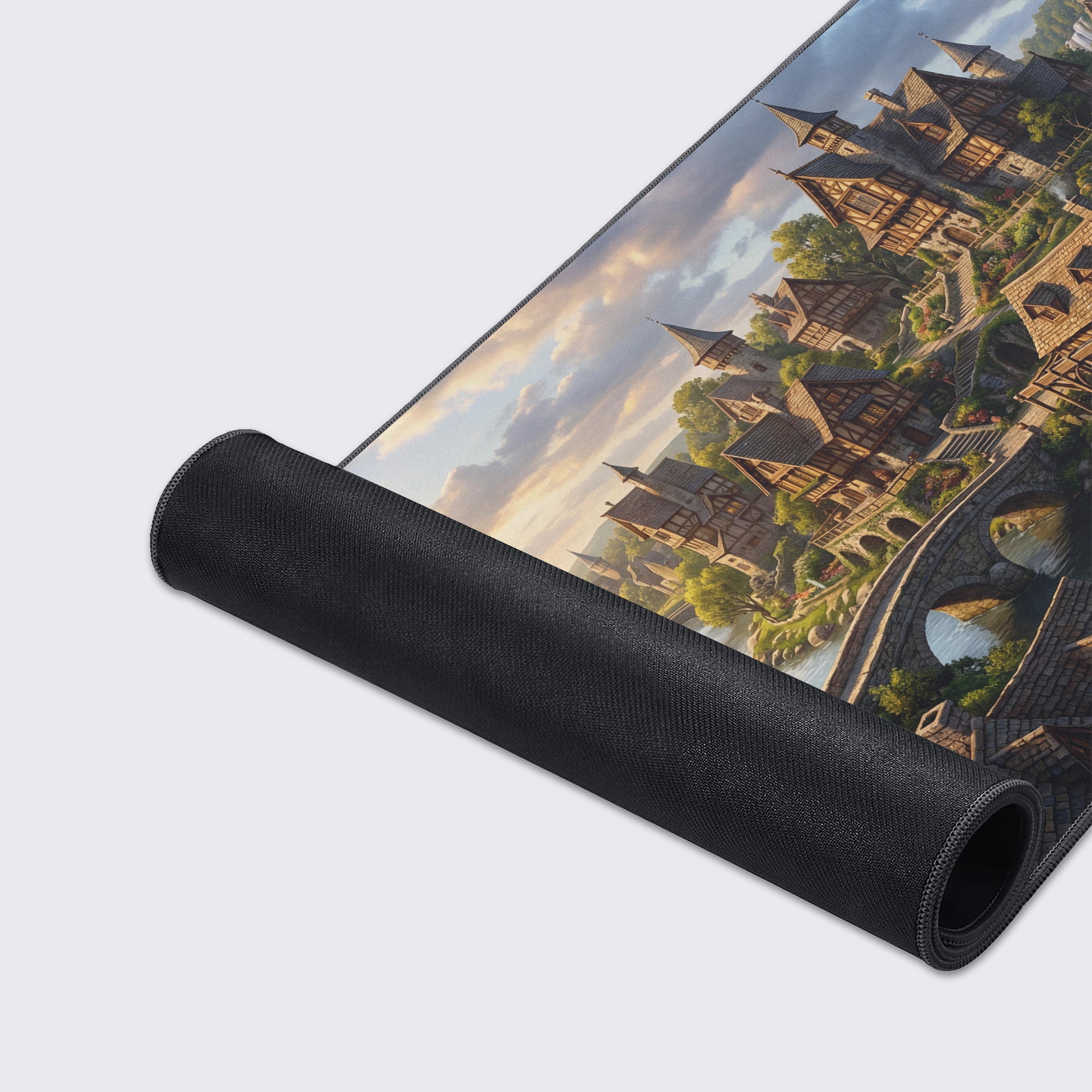 A close-up of the Riverside Merchant gaming desk mat, highlighting the high-quality fabric texture and durable stitched edges of the idyllic riverside town artwork. - Epic Design Pads & Mousepads
