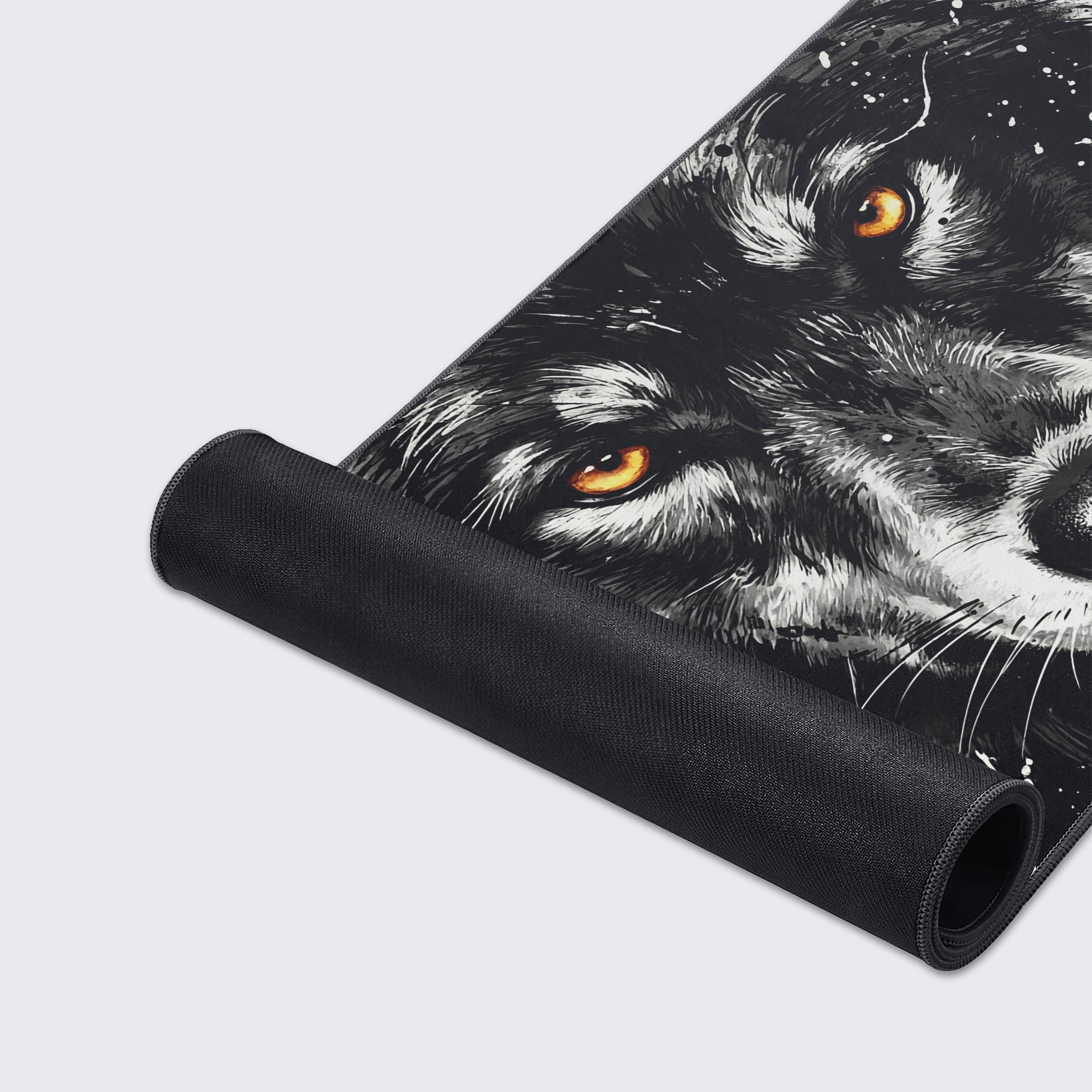 Close-up of the Primal Gaze wolf gaming desk mat showcasing the high-detail print, smooth fabric texture, and durable stitched edges. - Epic Design Pads & Mousepads
