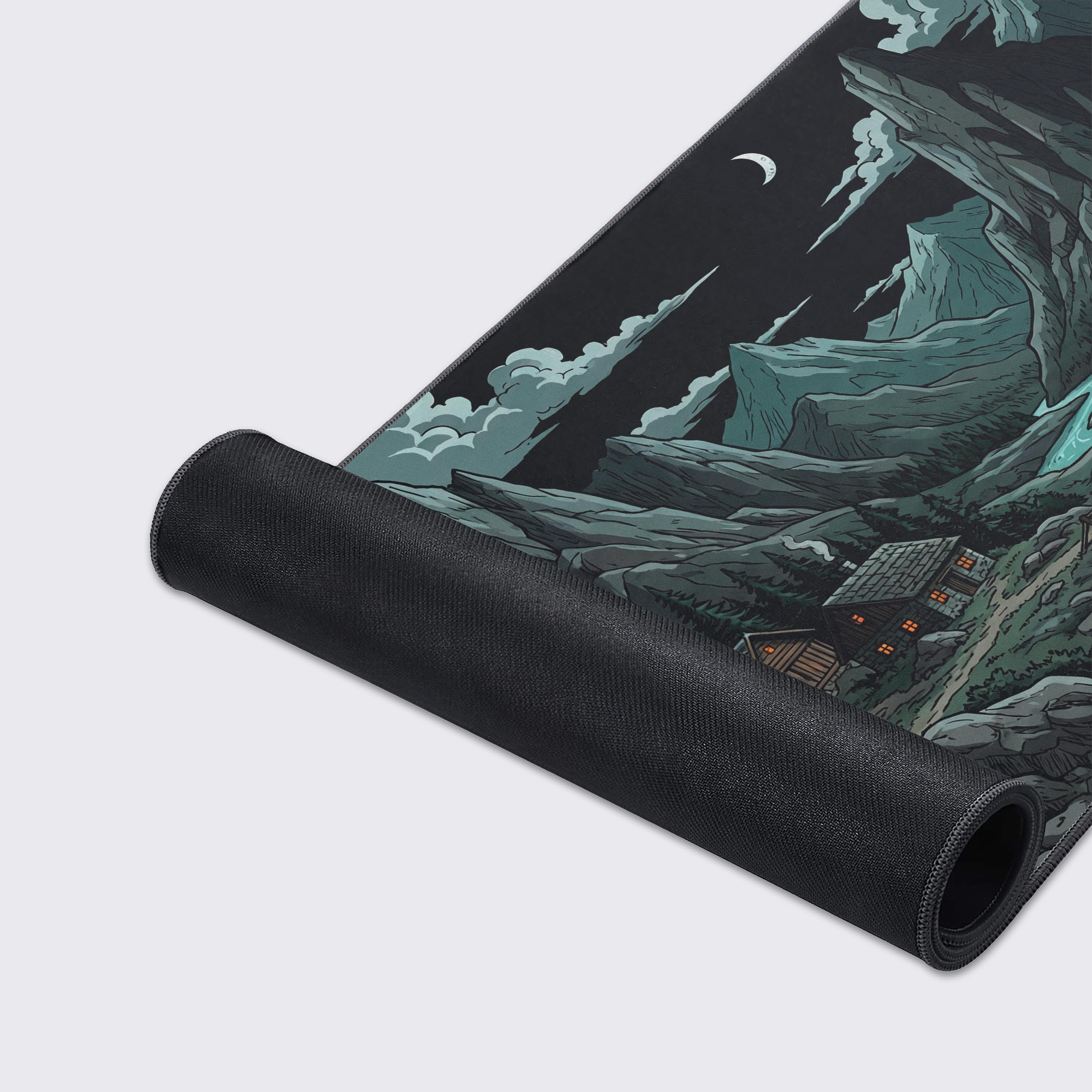 A close-up of the River Night mouse pad's high-quality fabric texture and durable stitched edges, showcasing the detailed illustration of cabins by a river. - Epic Design Pads & Mousepads
