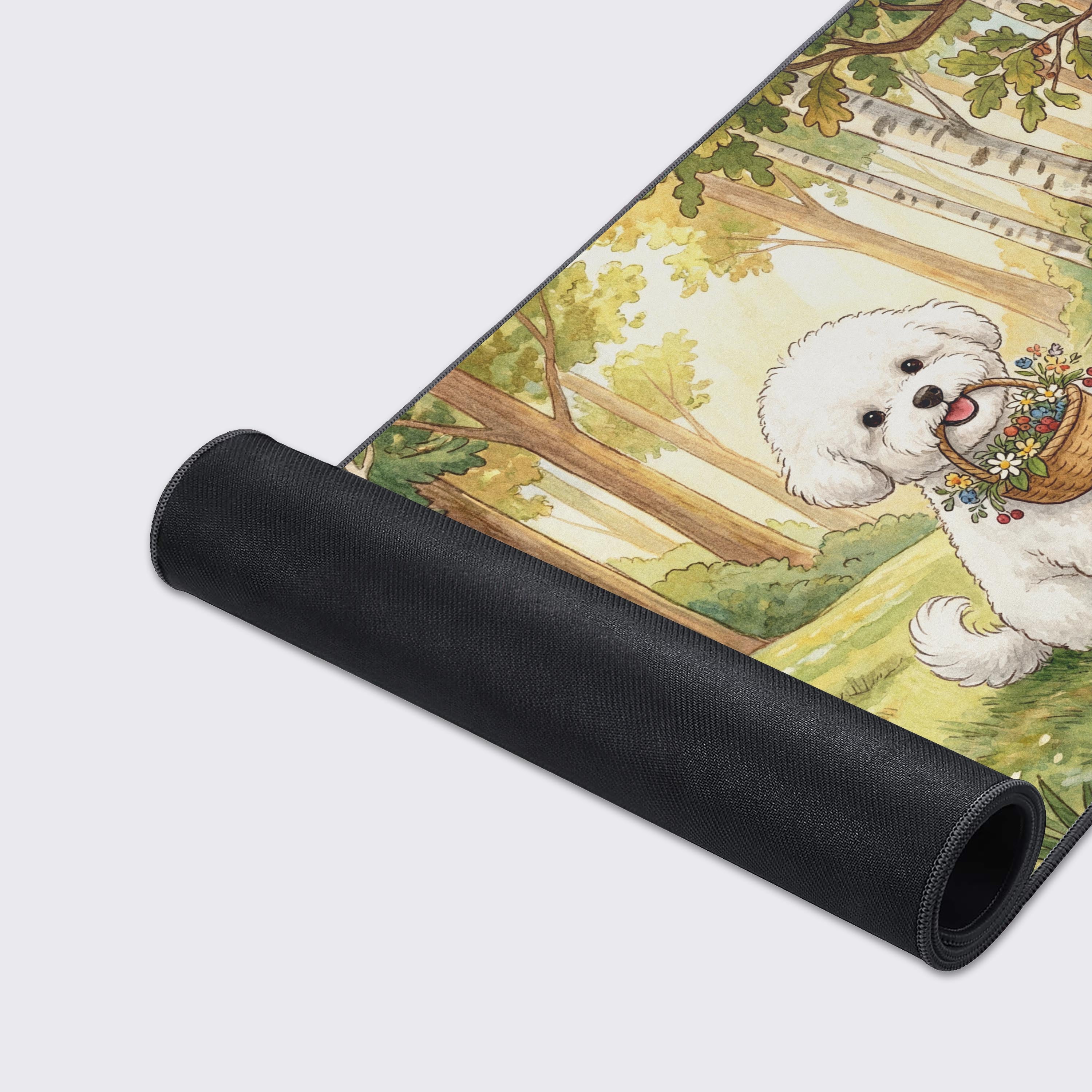 A close-up of the Woodland Greeting gaming desk mat showing the high-quality fabric texture and durable stitched edges, with the charming watercolor puppy art in focus. - Epic Design Pads & Mousepads
