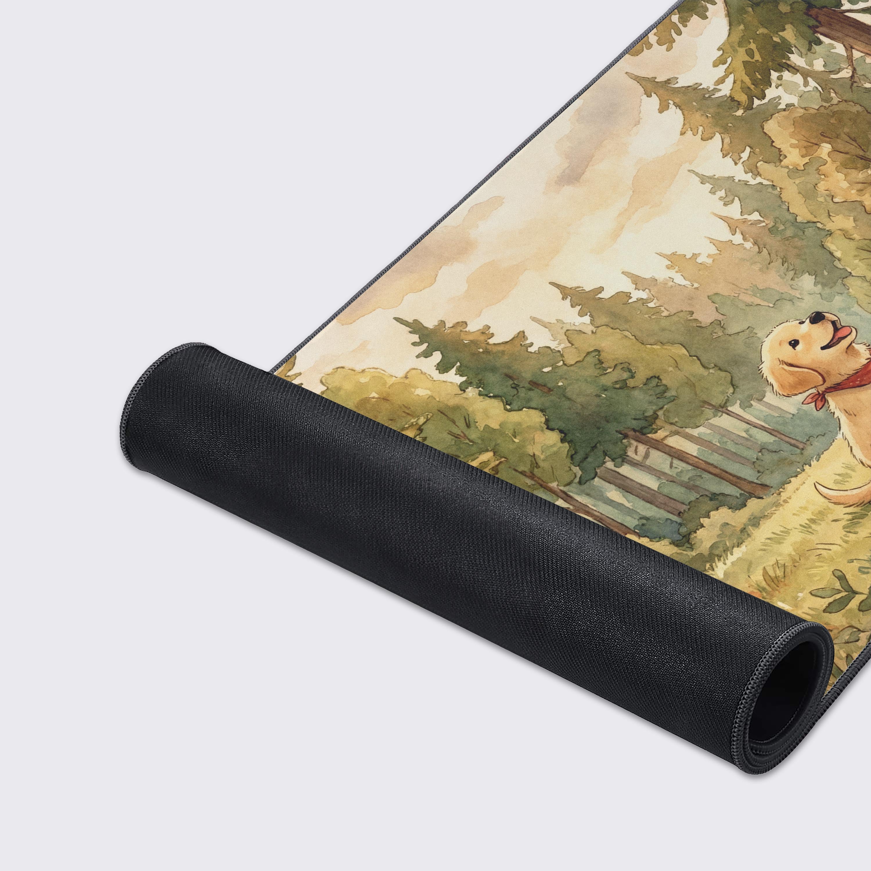 A close-up of the Golden Forest Scout mouse pad, highlighting the smooth fabric texture, durable stitched edges, and the detailed watercolor art of the golden retriever. - Epic Design Pads & Mousepads