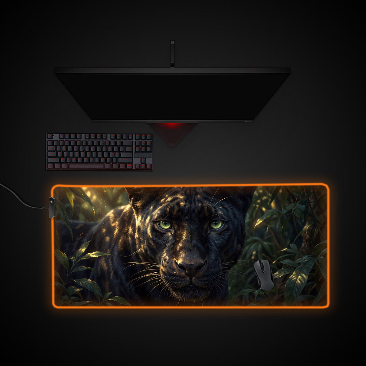 Obsidian Shadow Sentinel desk mat with RGB edge lighting