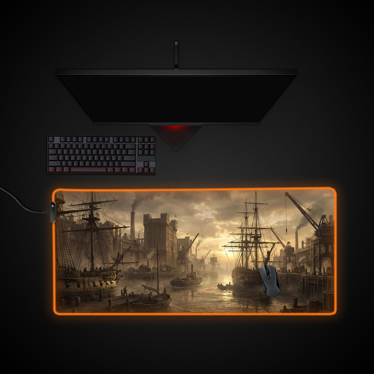 Industrial Dawn desk mat with RGB edge lighting
