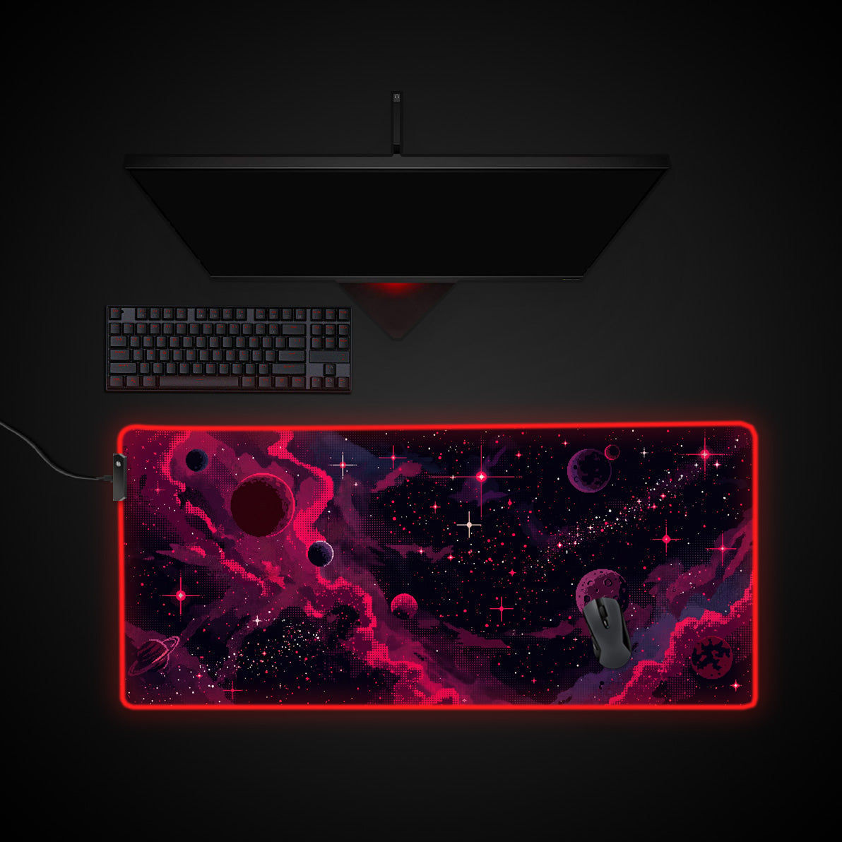 Pixel Inferno desk mat with RGB edge lighting