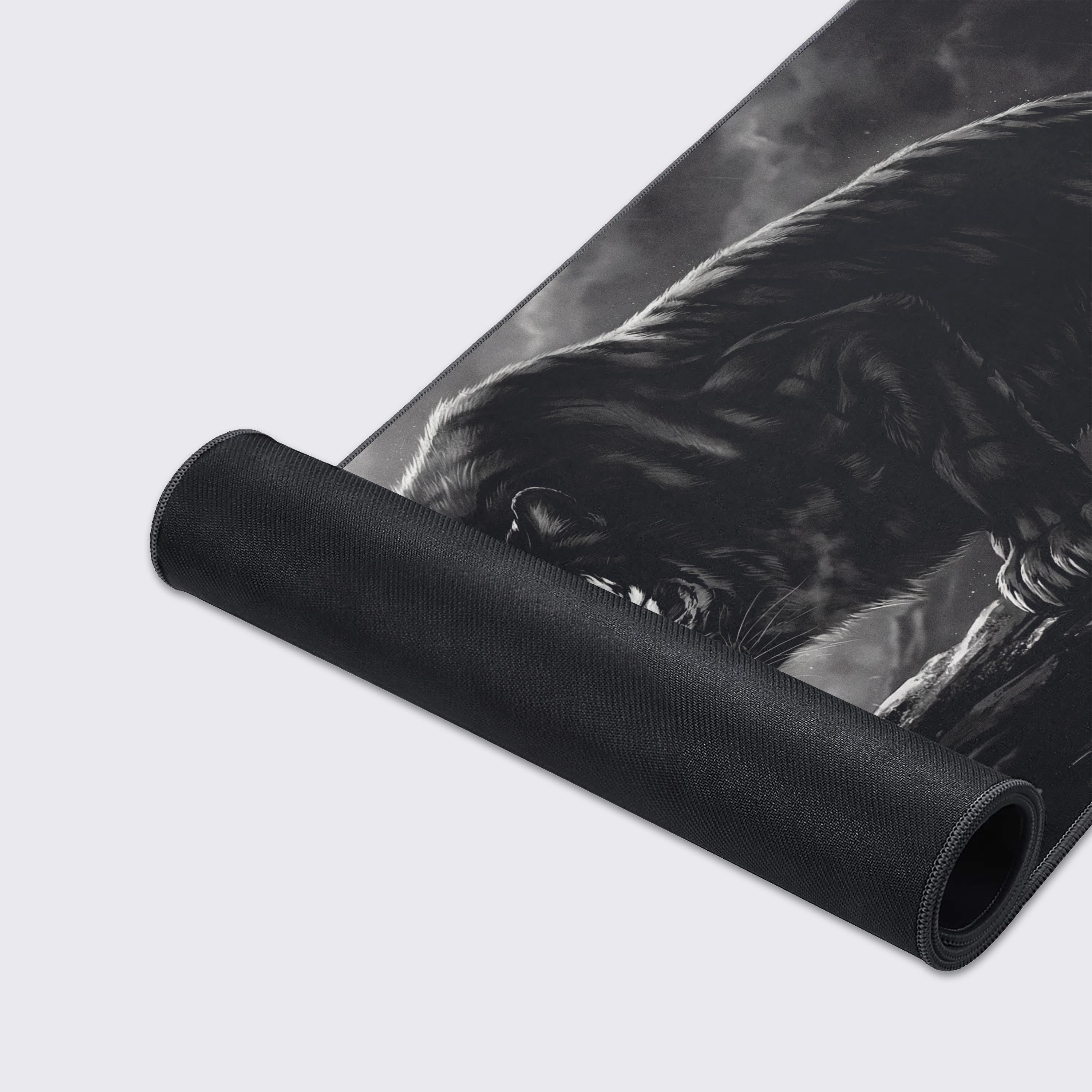 A close-up of the Onyx Predator gaming desk mat, showcasing the detailed tiger art, smooth fabric texture, and durable stitched edges. - Epic Design Pads & Mousepads