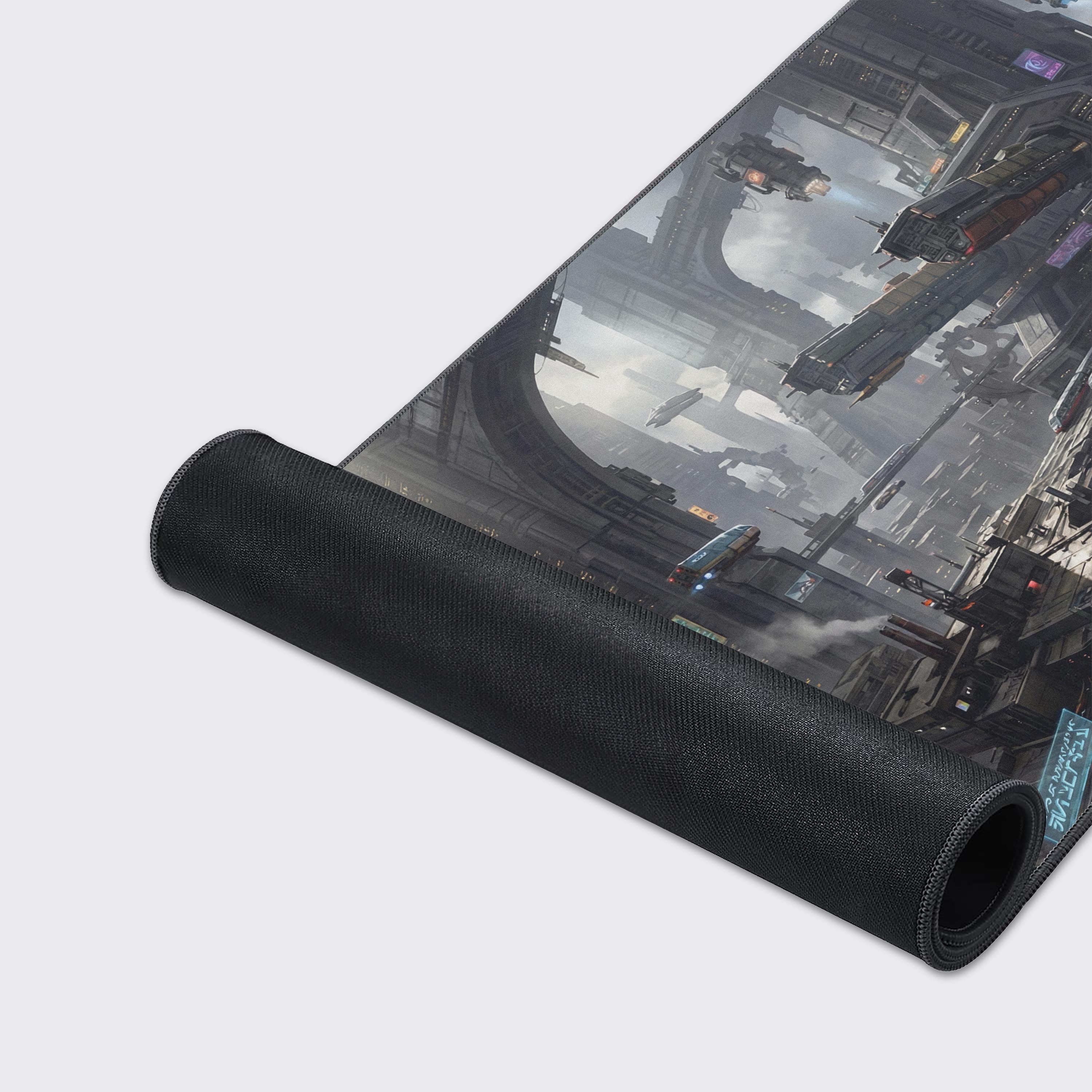 Close-up of the Steel Metropolis gaming desk mat, highlighting the high-detail print of the futuristic city and the durable stitched edges for long-lasting use. - Epic Design Pads & Mousepads