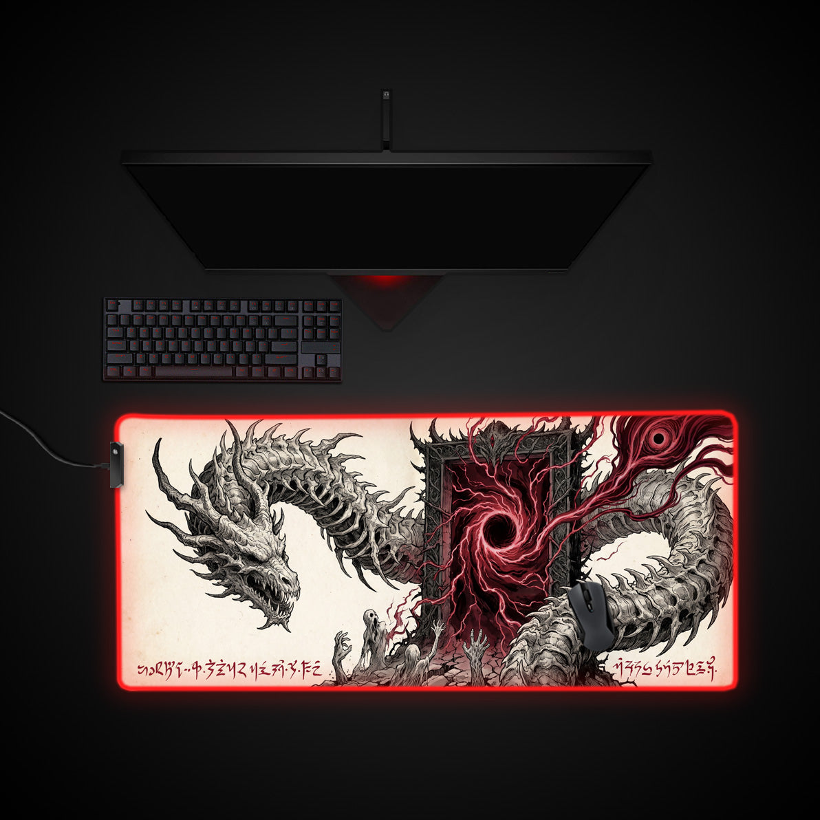 Crimson Portal desk mat with RGB edge lighting