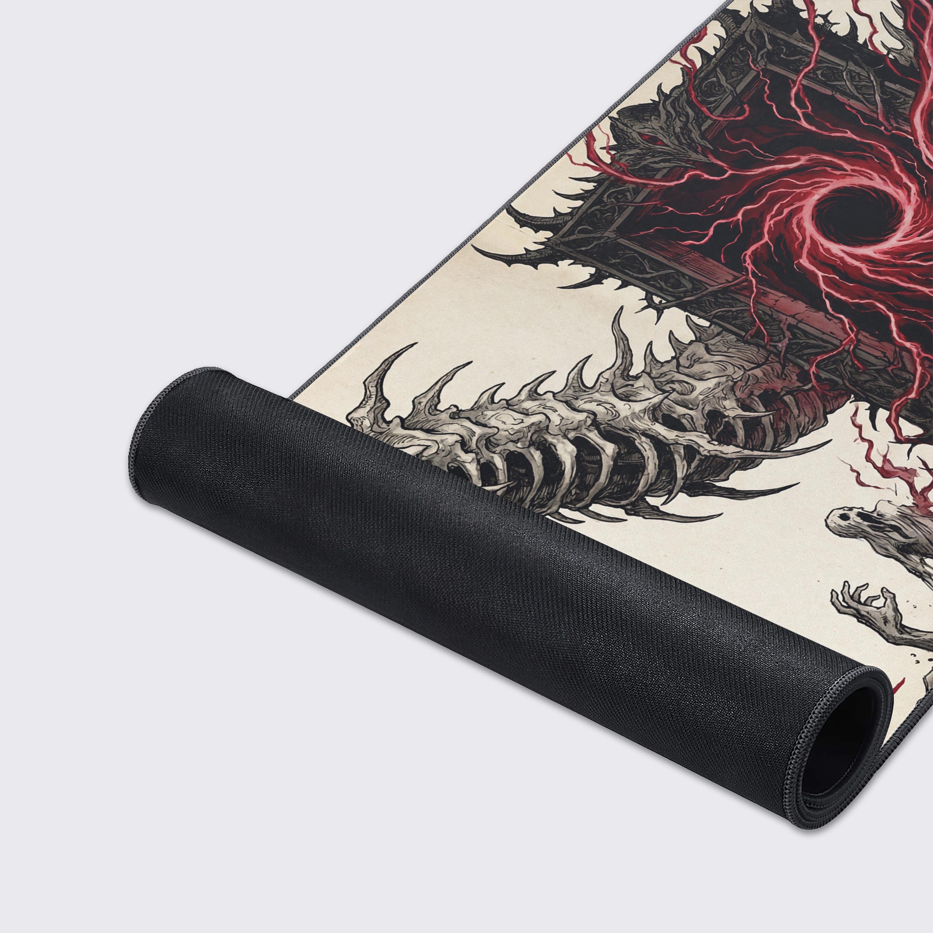 A close-up of the Crimson Portal gaming desk mat, highlighting the detailed dragon artwork, smooth fabric texture, and durable stitched edges for long-lasting use. - Epic Design Pads & Mousepads