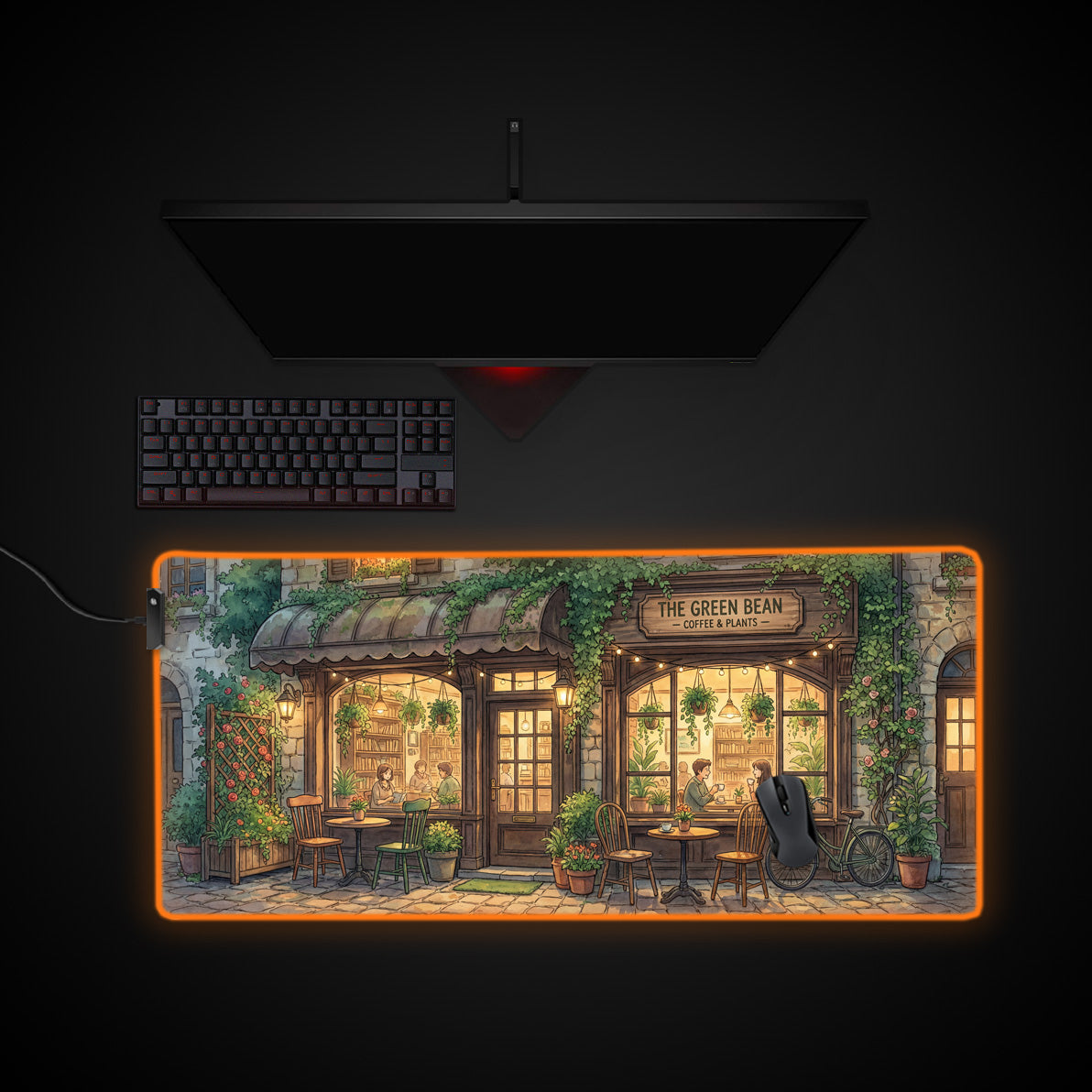 Green Bean Cafe desk mat with RGB edge lighting