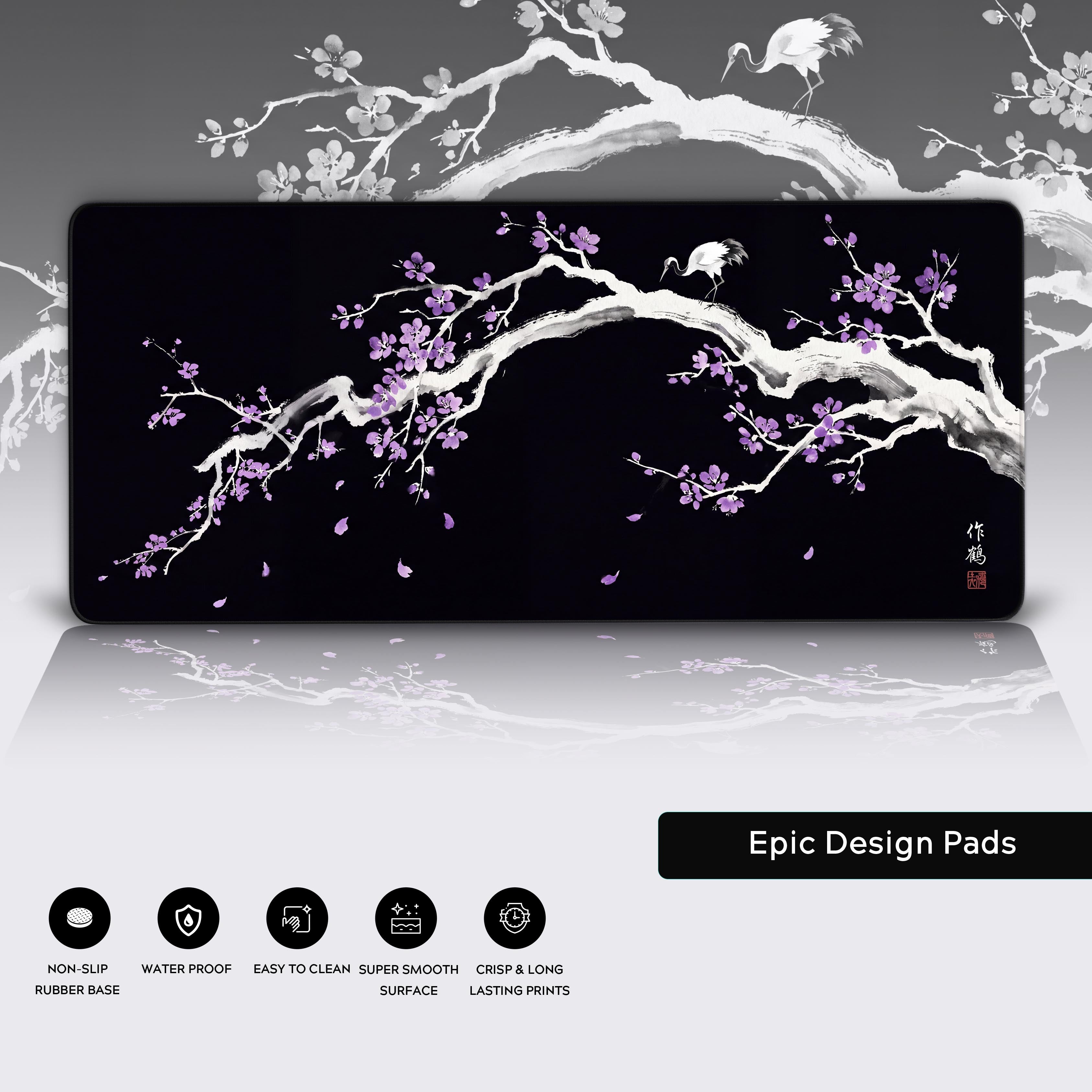 Royal Sakura Crane – Japanese Art Gaming Desk Mat, XL Purple