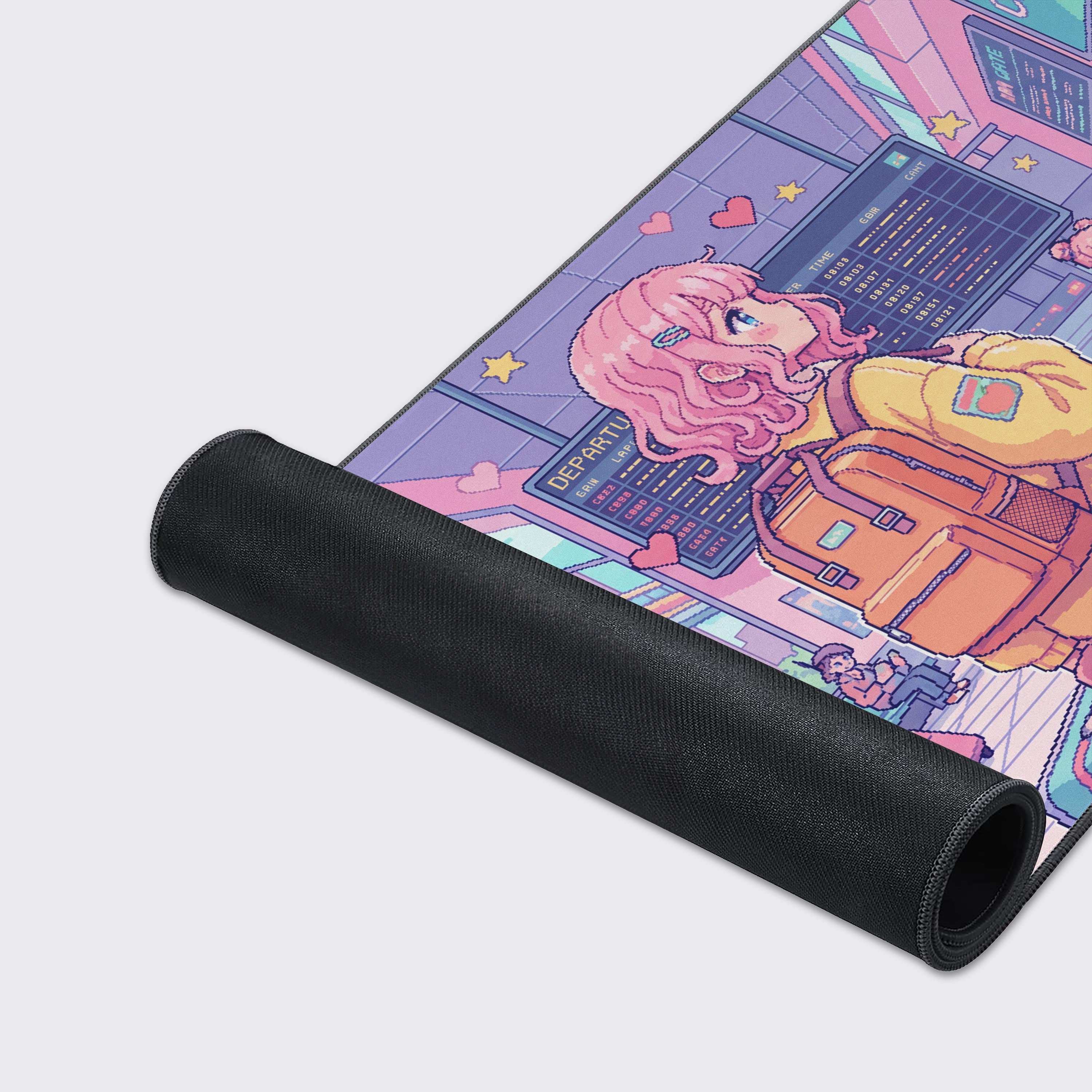 A close-up of the Pixel Transit gaming desk mat, highlighting the detailed pixel art design and durable stitched edges on the smooth, high-quality fabric surface. - Epic Design Pads & Mousepads