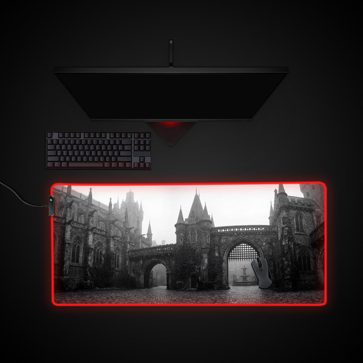 Gothic Courtyard desk mat with RGB edge lighting