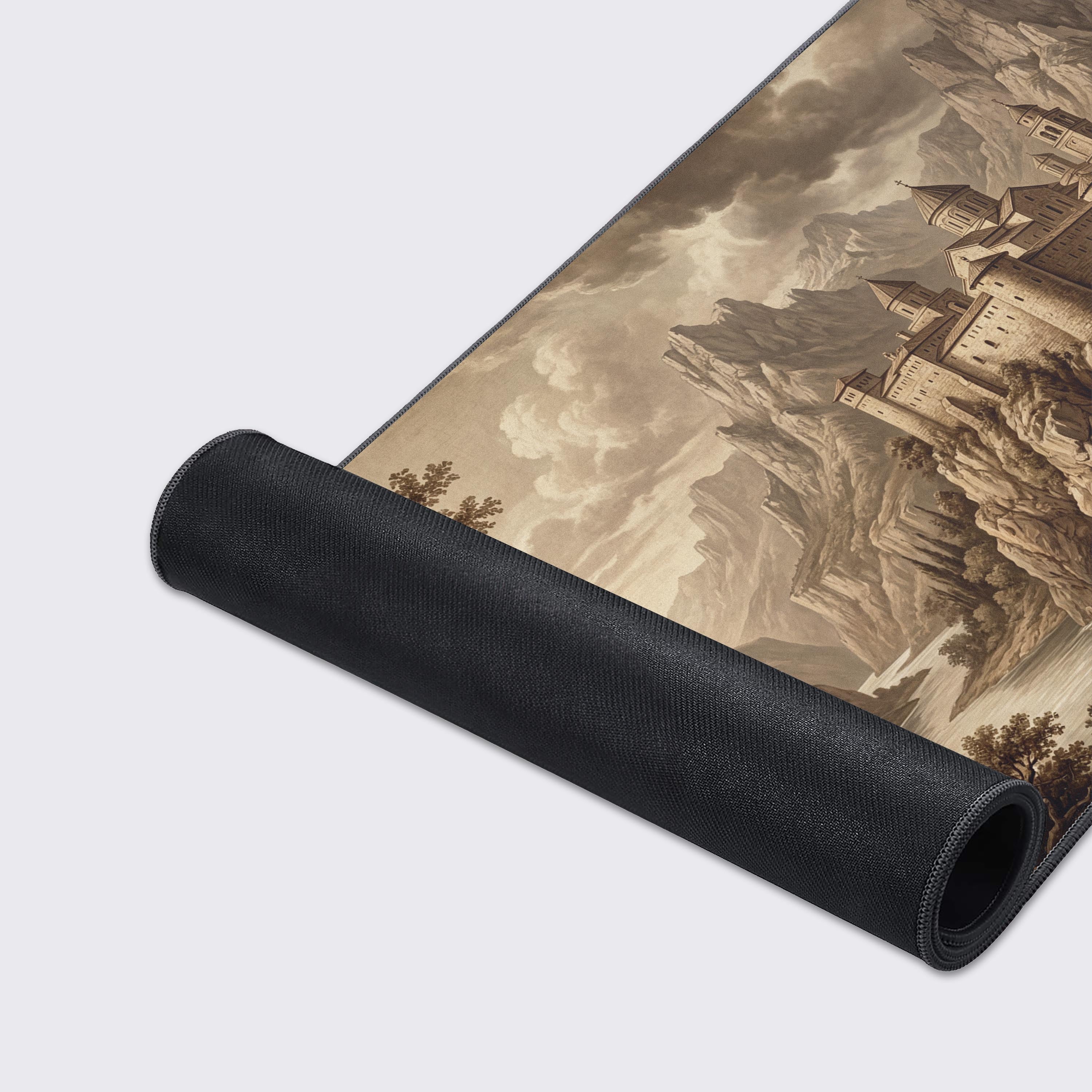 A close-up of the 'Fortress of Solitude' gaming desk mat, highlighting the detailed medieval fortress artwork and durable stitched edges for a premium feel. - Epic Design Pads & Mousepads