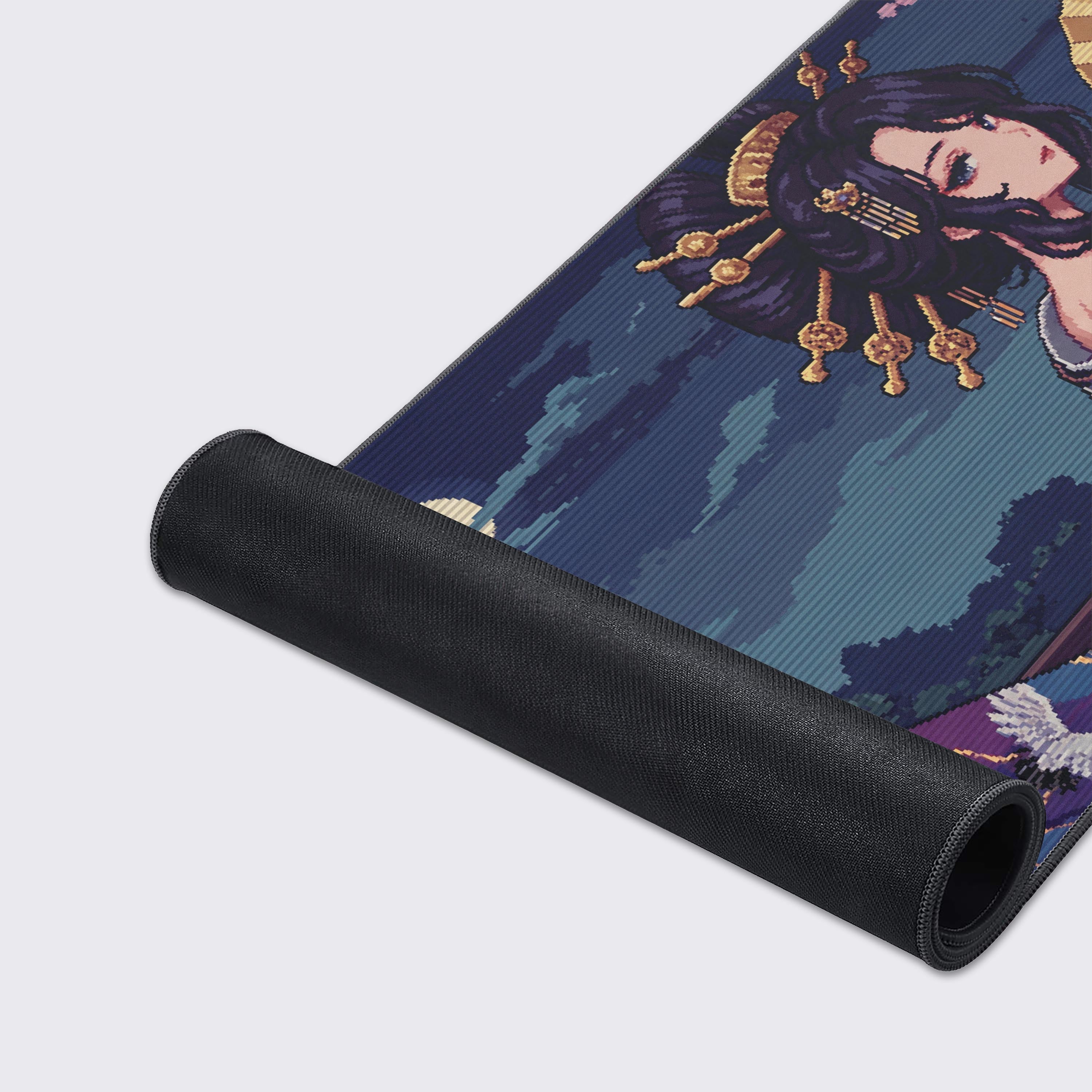 A close-up of the Digital Geisha gaming desk mat shows the high-quality fabric texture and durable stitched edges. The detailed pixel art of the crane and kimono pattern is clearly visible. - Epic Design Pads & Mousepads