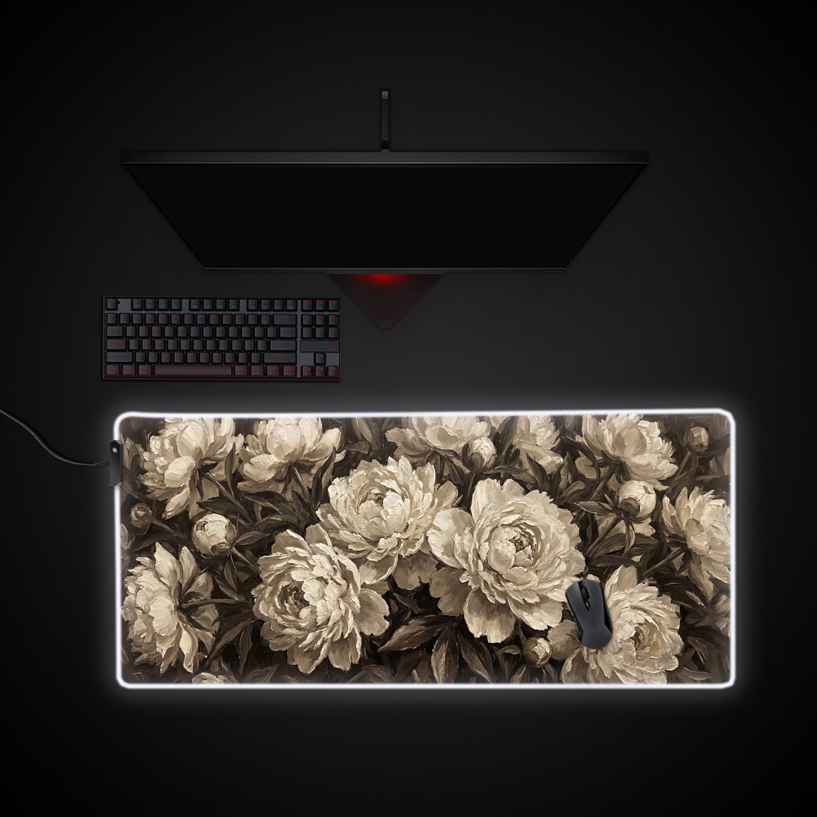 Sepia Blooms desk mat with RGB edge lighting