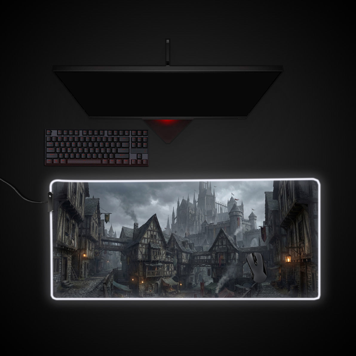 Misty Borough desk mat with RGB edge lighting