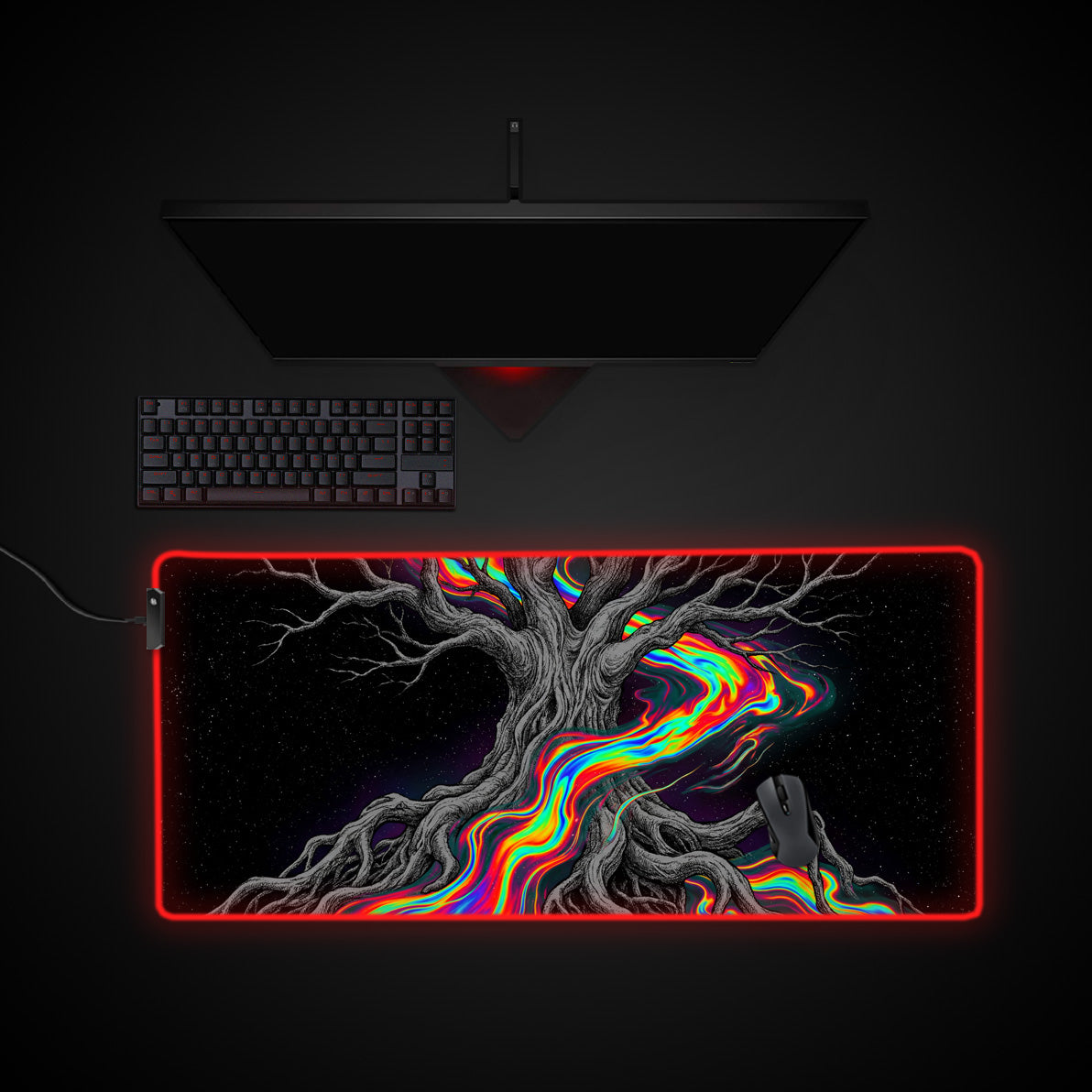 Cosmic Roots desk mat with RGB edge lighting