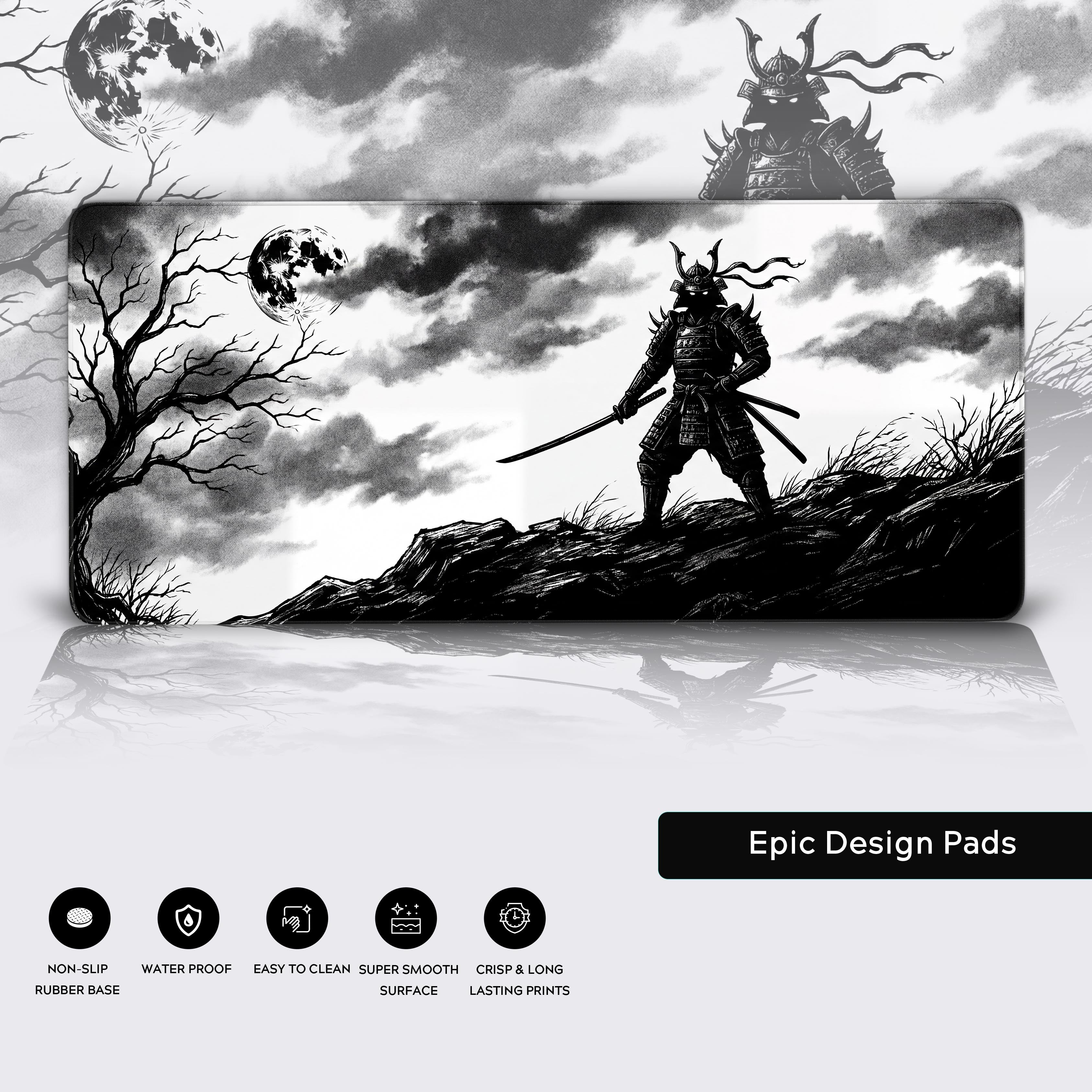 Shadow Samurai – Japanese Art Gaming Desk Mat, XL Ink Wash Mouse