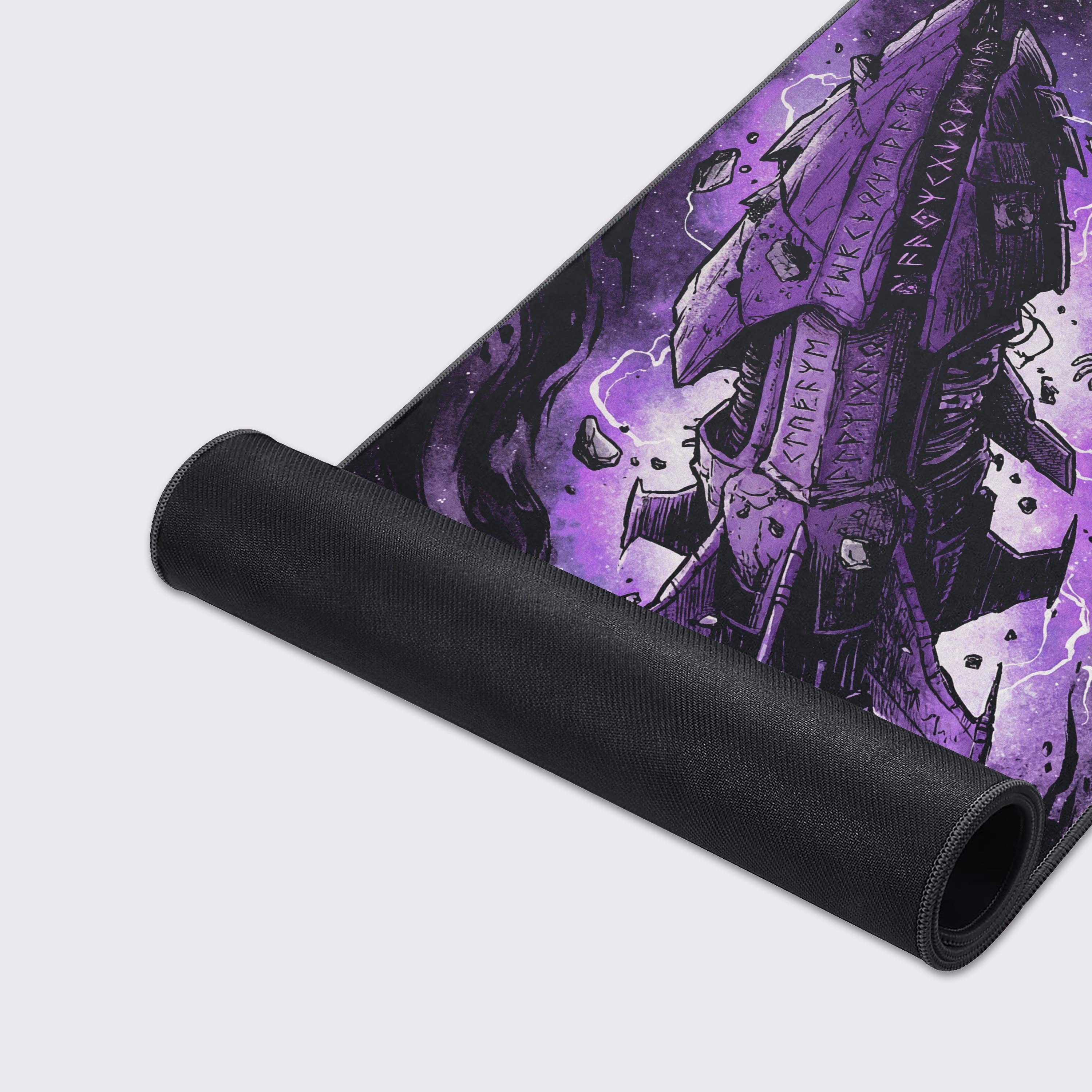 Close-up shot of the Eldritch Orbit mouse pad showcasing the smooth texture, stitched edges, and detailed artwork of the cosmic horror-themed astronaut. - Epic Design Pads & Mousepads