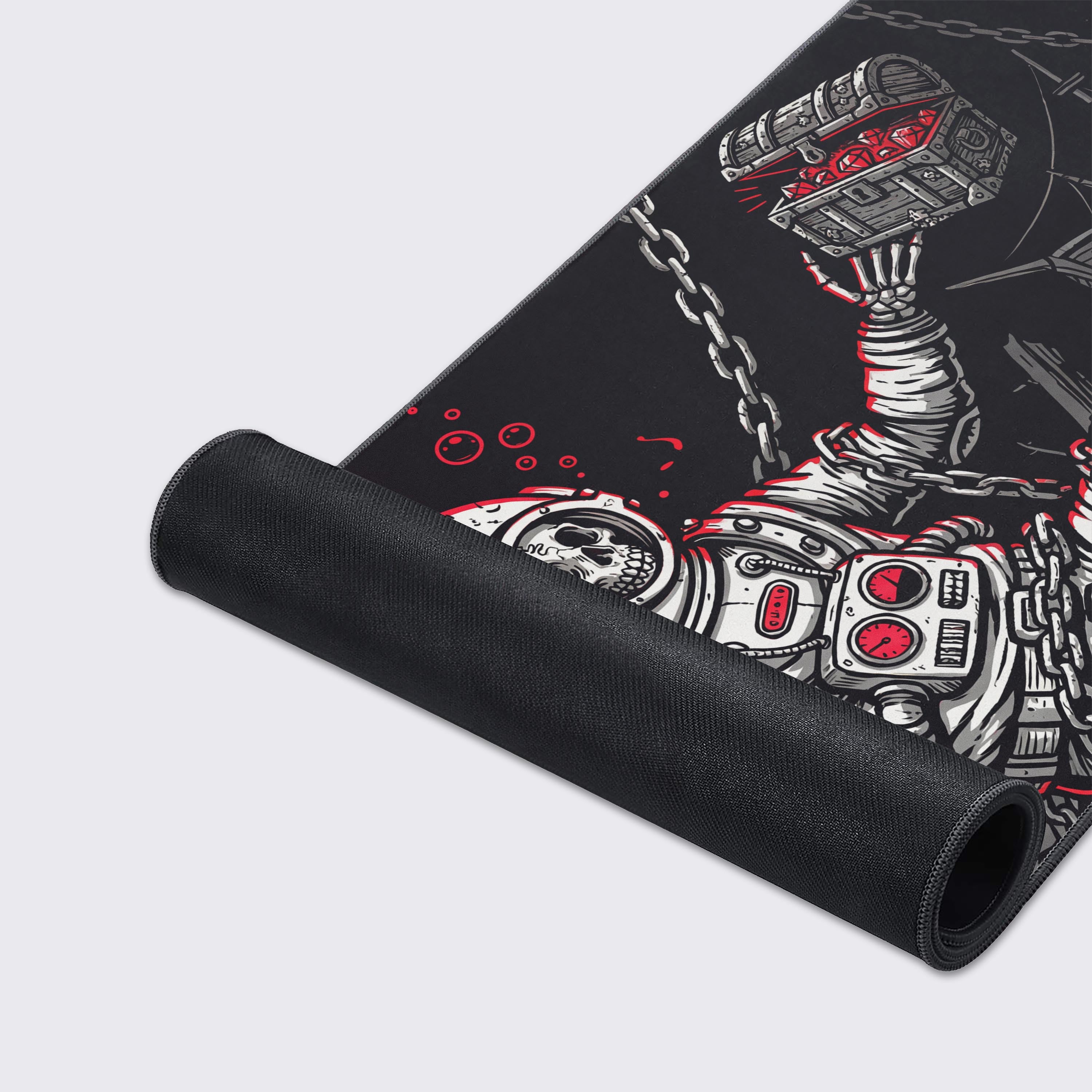 A close-up showcase of the Sunken Fortune gaming desk mat, highlighting the high-quality stitched edges and smooth texture of the diver illustration. - Epic Design Pads & Mousepads