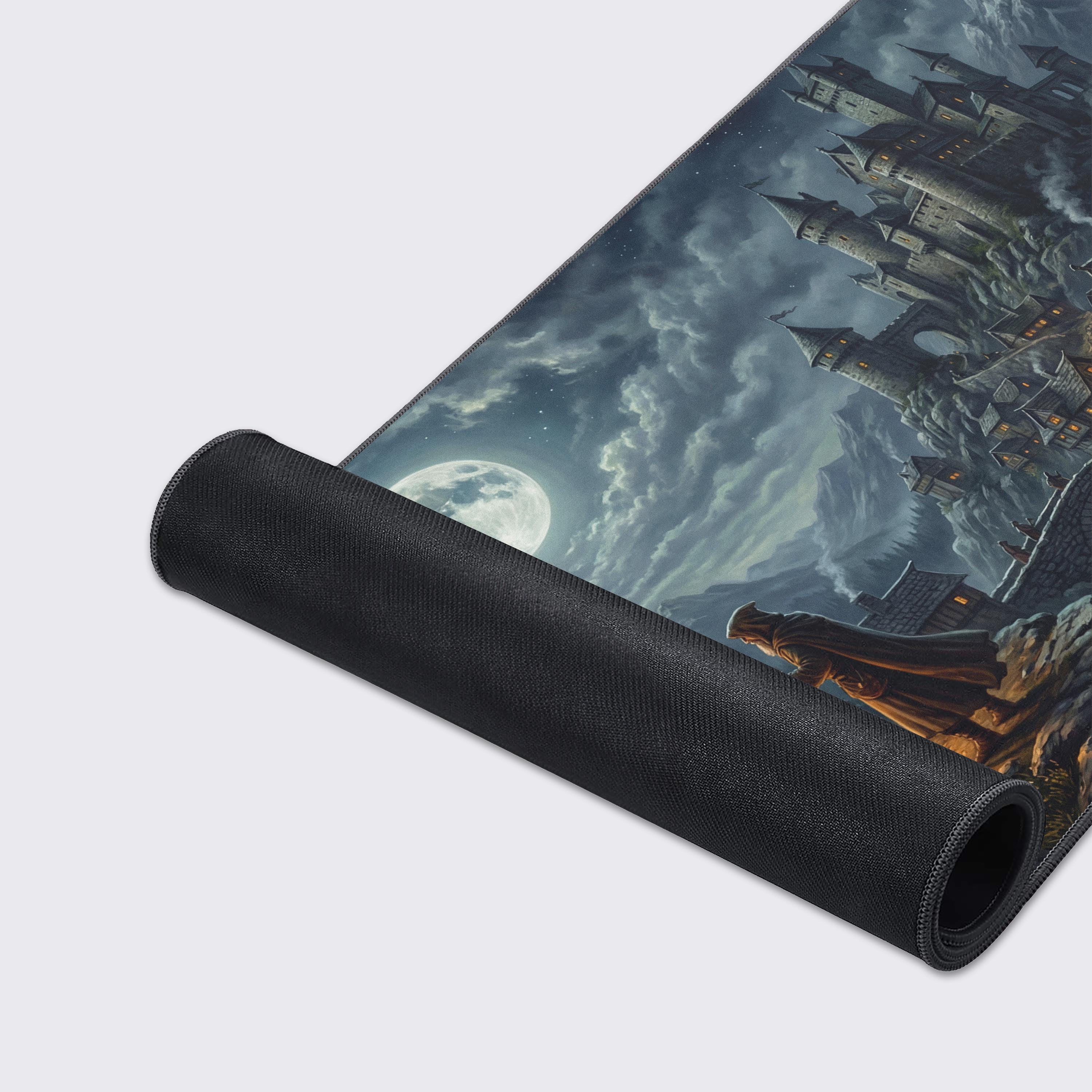 A close-up of the Midnight Council mouse pad's high-quality fabric texture and durable stitched edges, showcasing the detailed artwork of the medieval village and castle. - Epic Design Pads & Mousepads