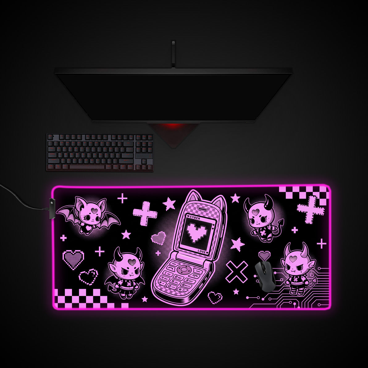 Glitch Love desk mat with RGB edge lighting
