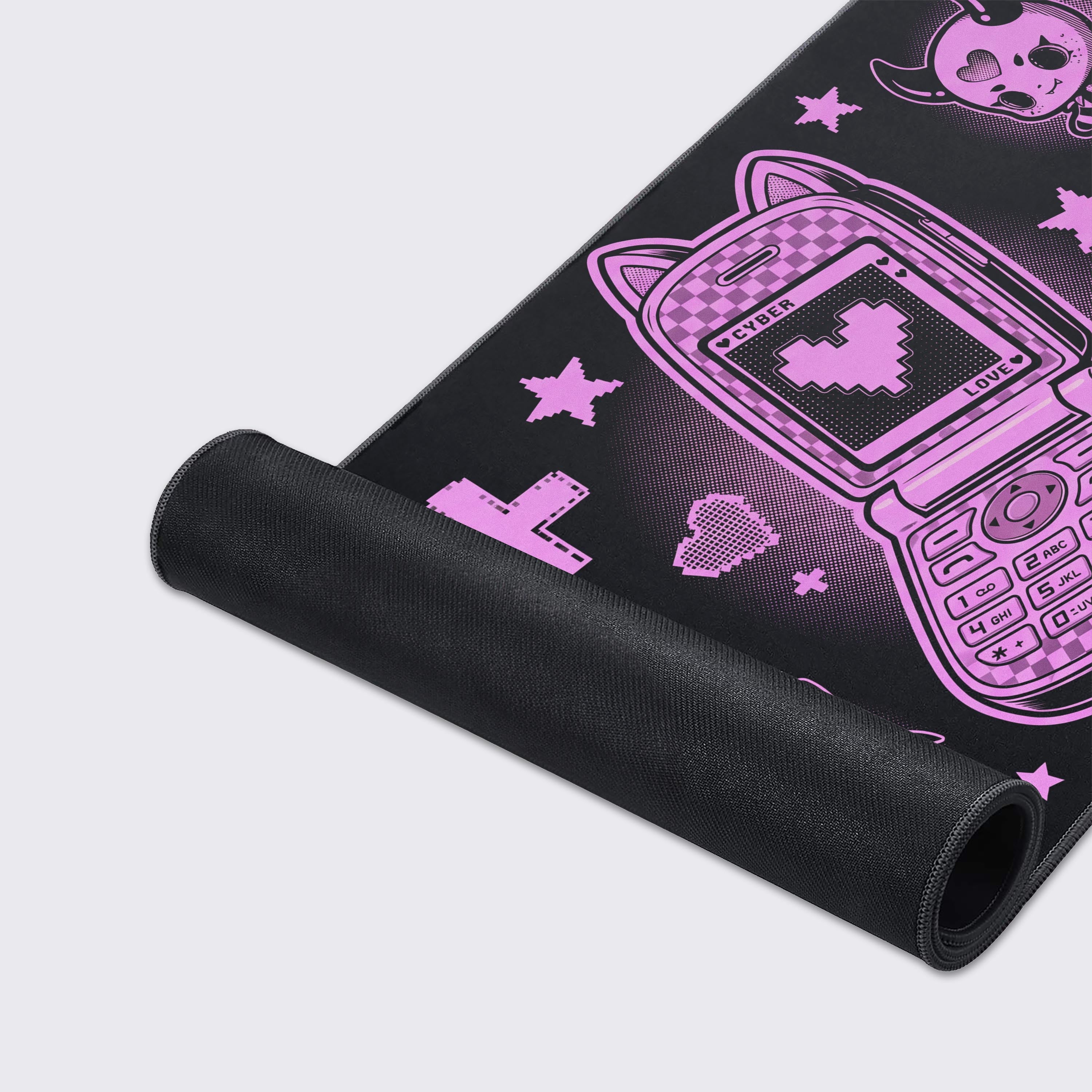 Close-up of the Glitch Love gaming desk mat's smooth texture and durable stitched edges, highlighting the vibrant pink pixel art design. - Epic Design Pads & Mousepads