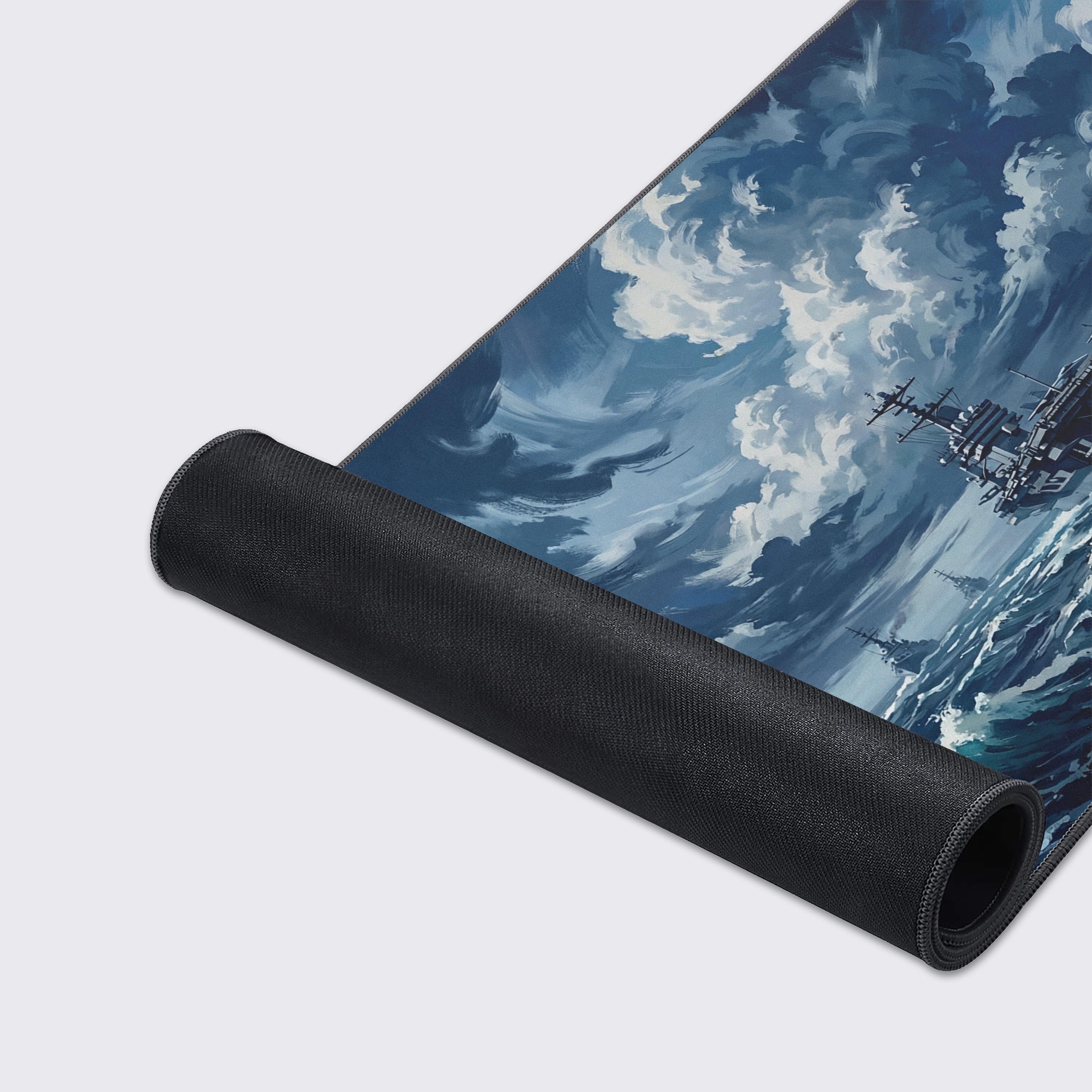 Close-up of the Iron Fleet gaming desk mat showcasing the high-quality fabric texture and durable stitched edges, with the powerful aircraft carrier design clearly visible. - Epic Design Pads & Mousepads