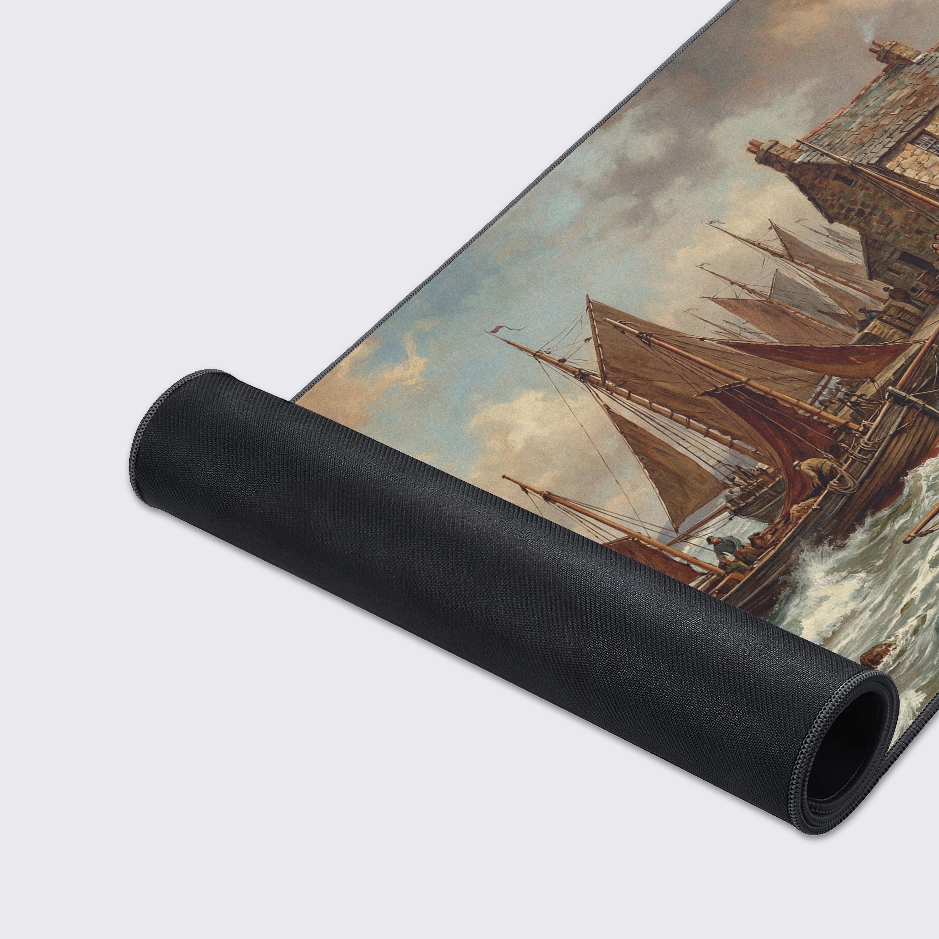 A close-up of the Harbor Trade gaming desk mat, highlighting the detailed classical painting texture and durable, anti-fray stitched edges. - Epic Design Pads & Mousepads