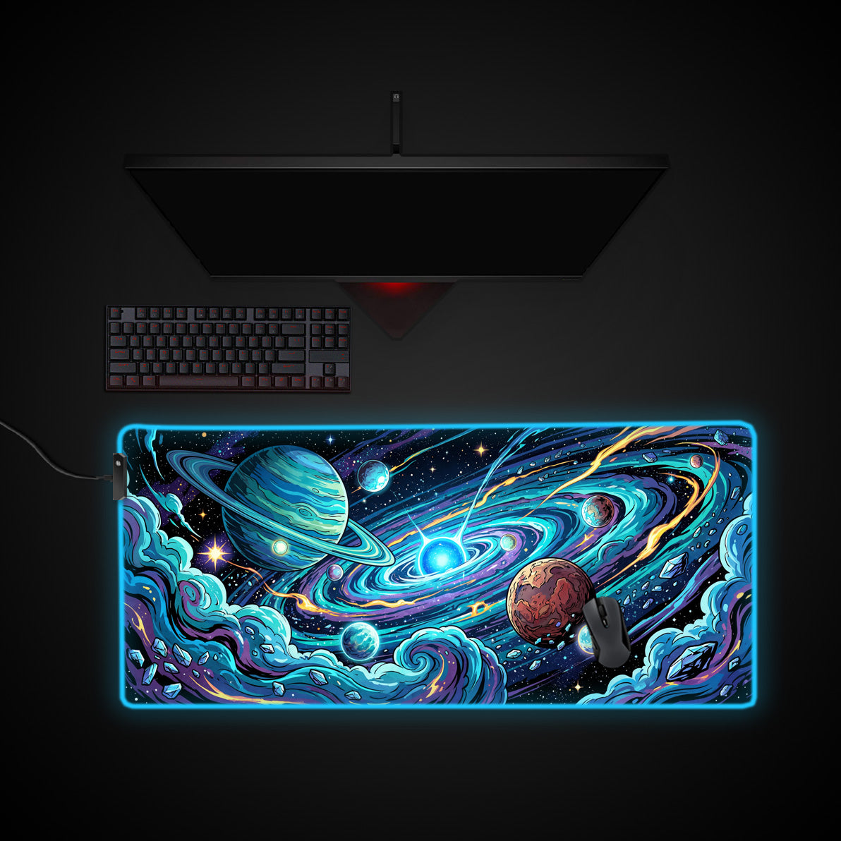 Orbital Chaos desk mat with RGB edge lighting