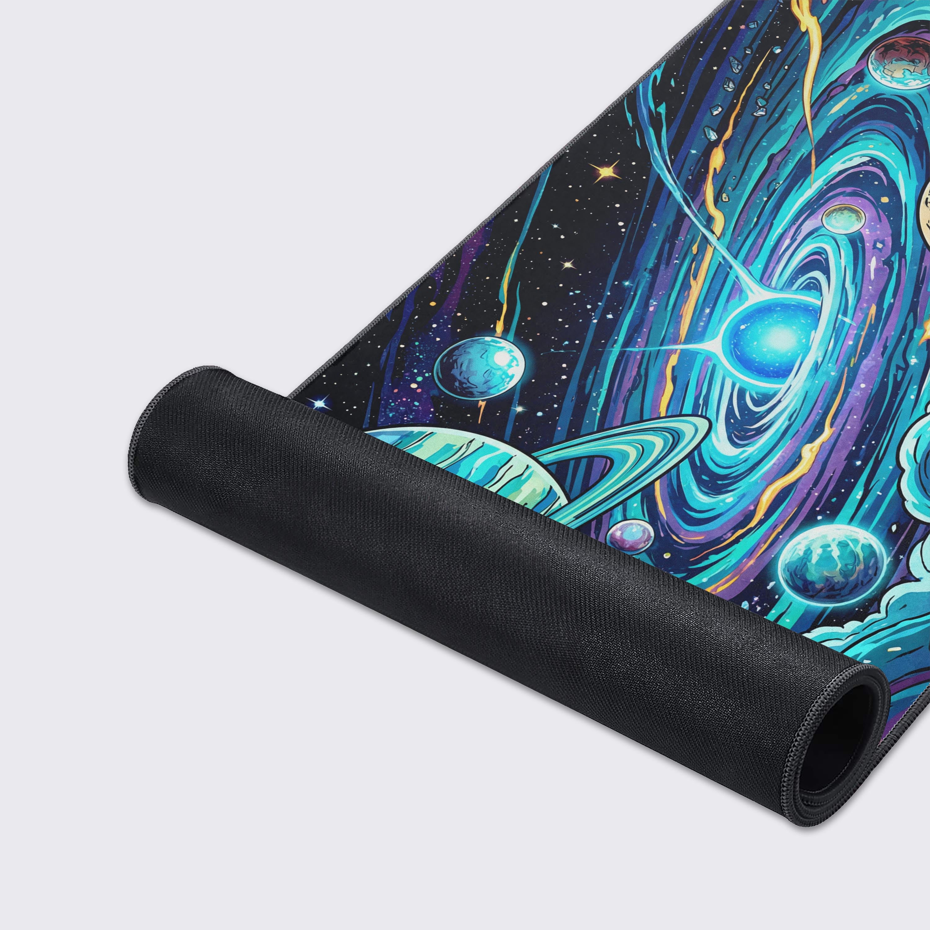 Close-up of the Orbital Chaos mouse pad's smooth fabric texture and stitched edges, highlighting the detailed illustrative art of planets and a cosmic vortex. - Epic Design Pads & Mousepads
