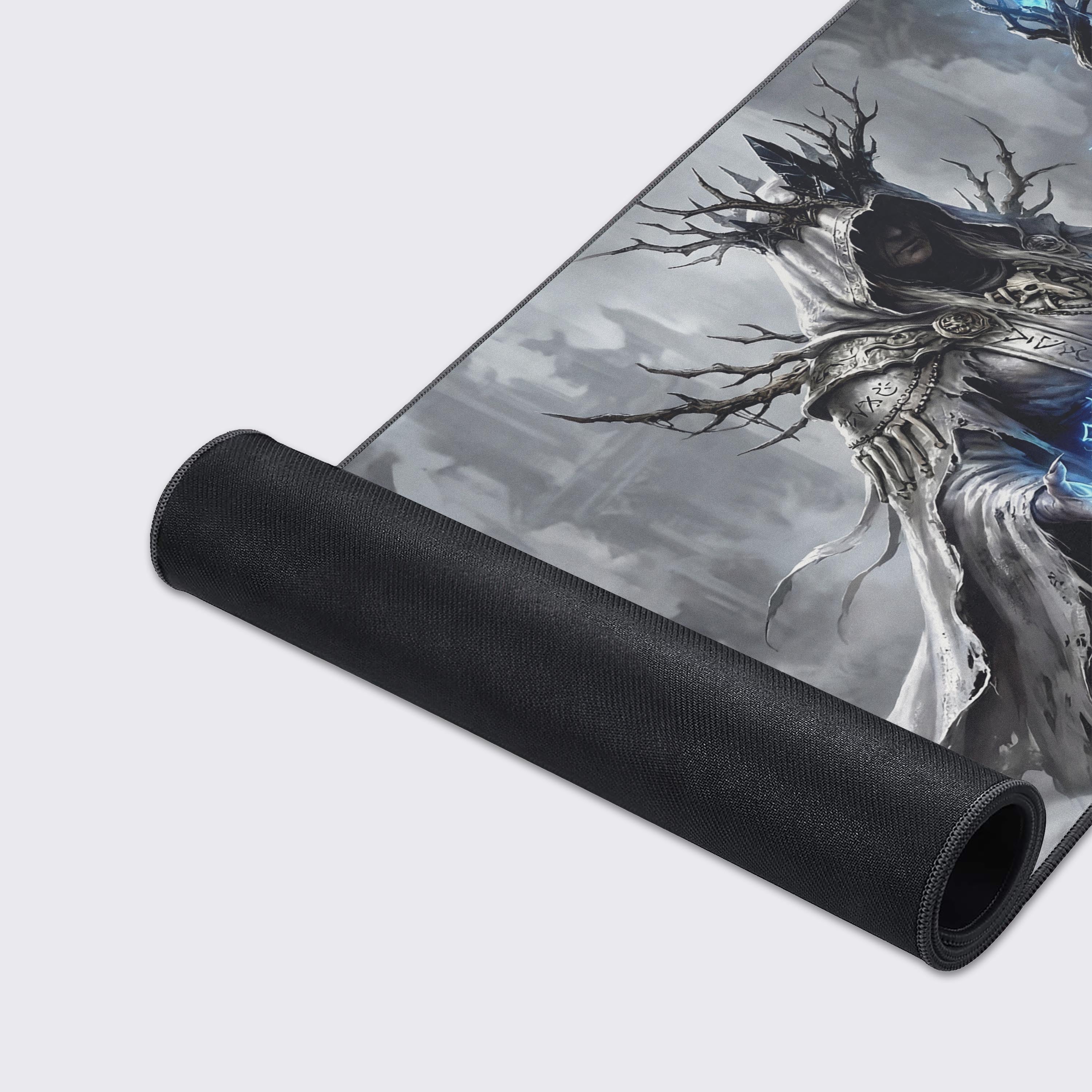 Close-up of the Frostbound Lich mouse pad's high-quality fabric texture and durable stitched edges, highlighting the intricate details of the sorcerer's blue magic. - Epic Design Pads & Mousepads