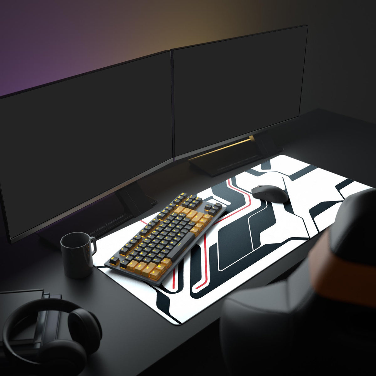 Binary Pulse desk mat in a dark gaming setup with a mechanical keyboard, a mouse and headphones