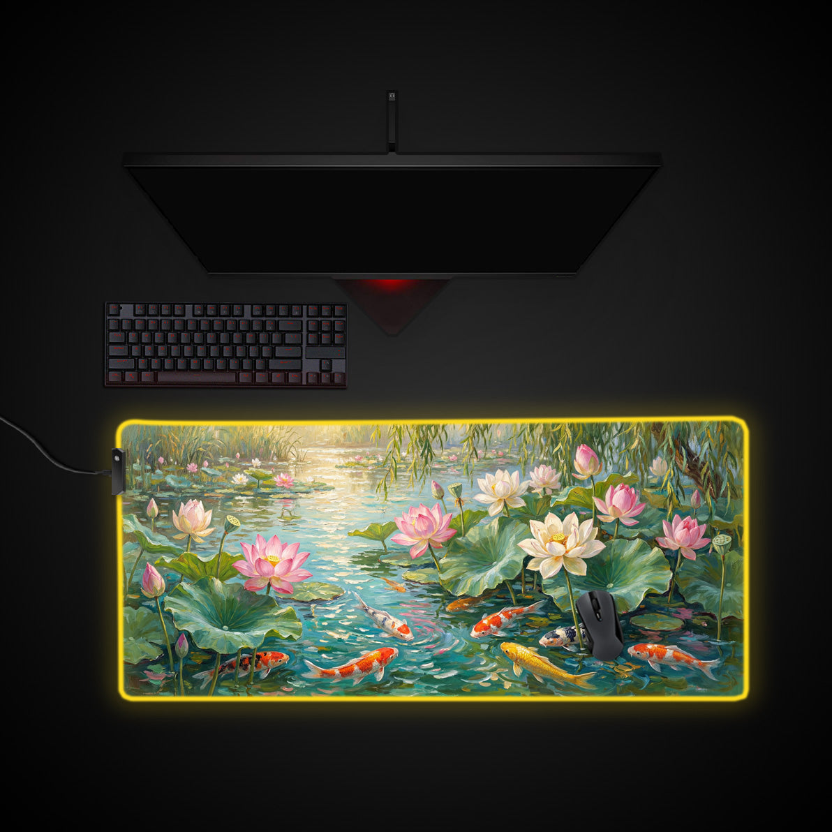 Serene Koi Flow desk mat with RGB edge lighting