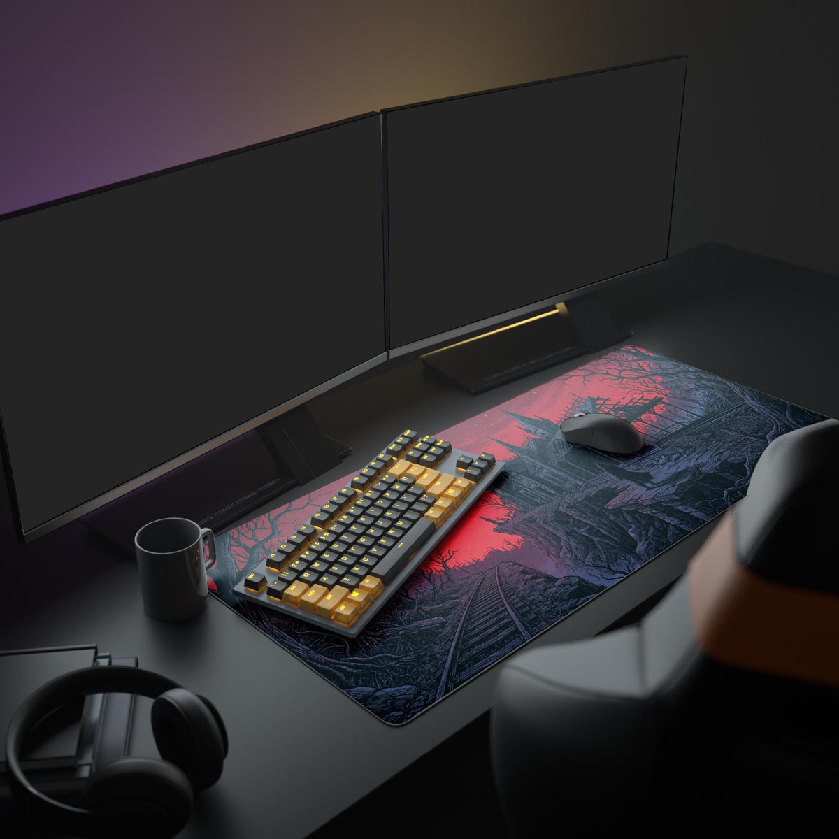 Forsaken Terminus desk mat in a dark gaming setup with a mechanical keyboard, a mouse and headphones