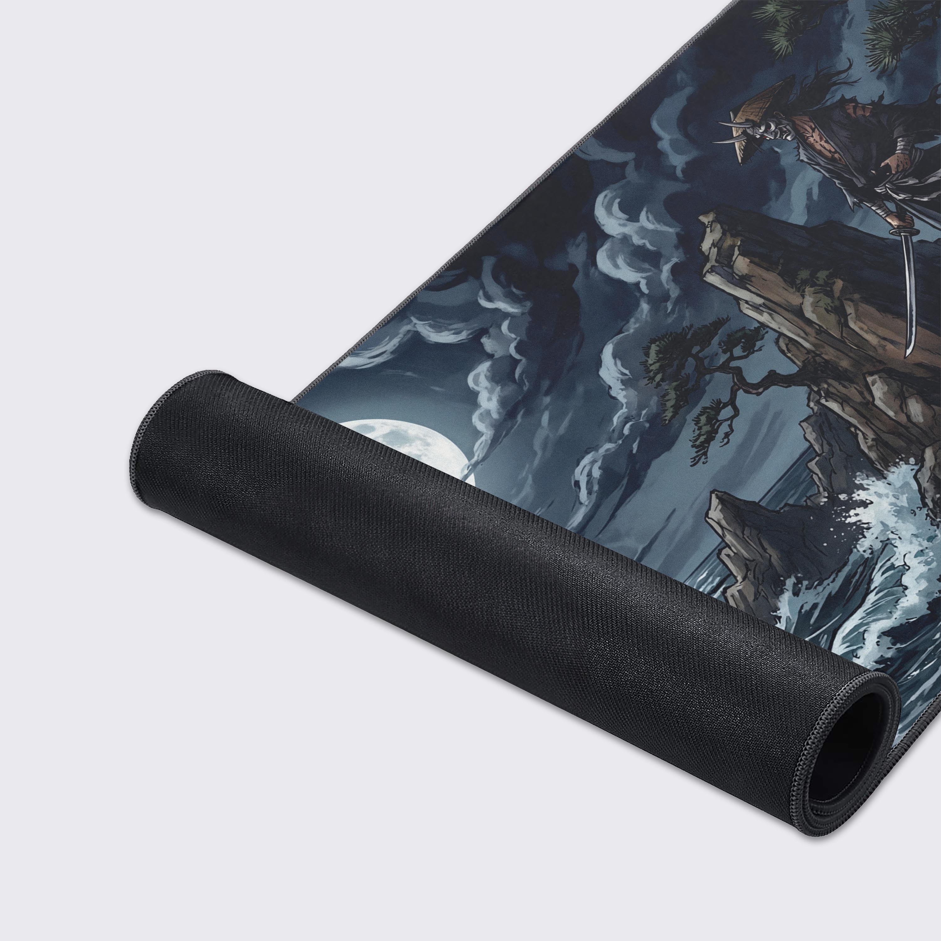 A close-up of the 'Tide and Steel' Gaming Desk Mat showing the smooth fabric texture and durable stitched edges of the Japanese warrior design. - Epic Design Pads & Mousepads