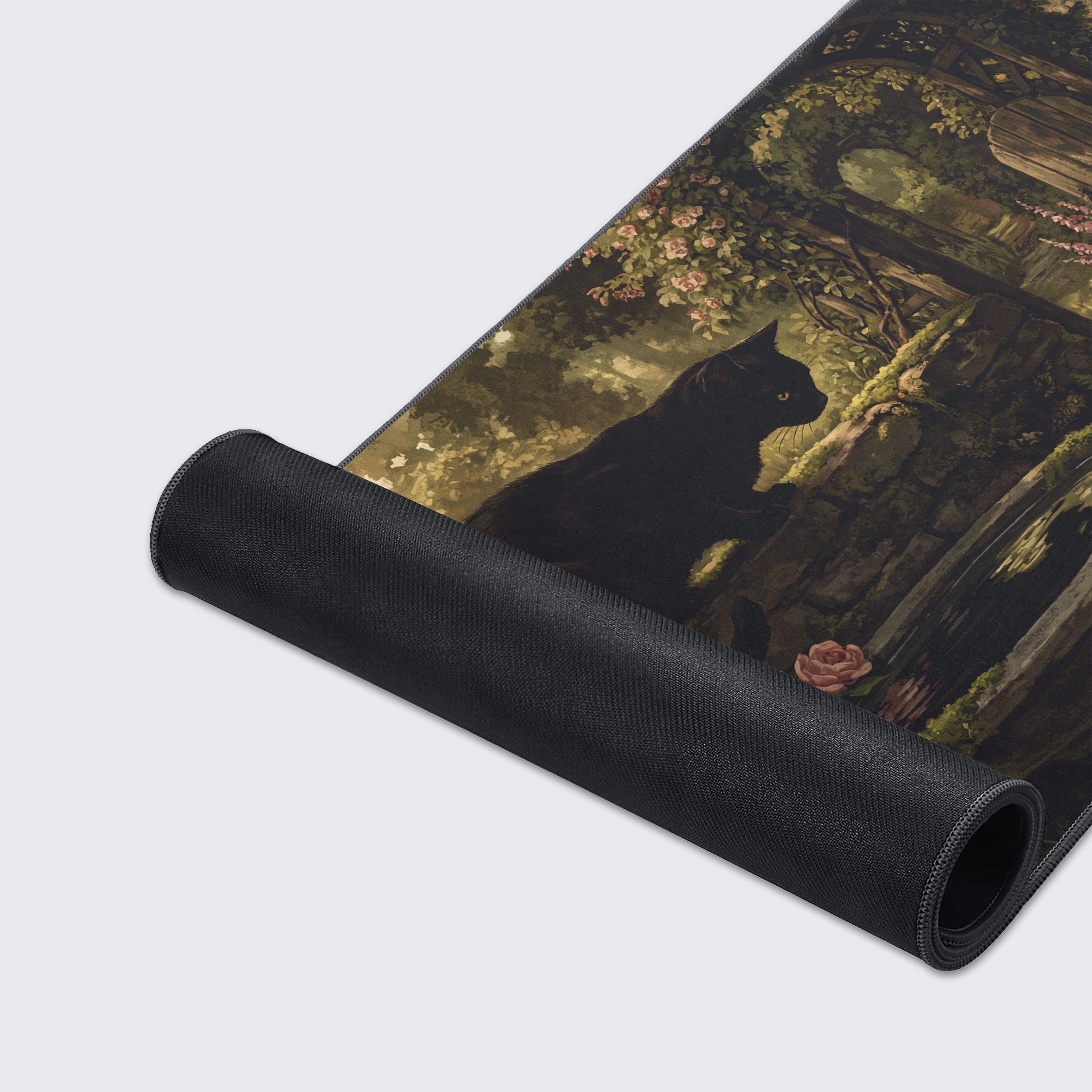 Close-up of the Garden Watcher mouse pad's high-quality textured surface and durable stitched edges, highlighting the detailed painting of the black cat and roses. - Epic Design Pads & Mousepads