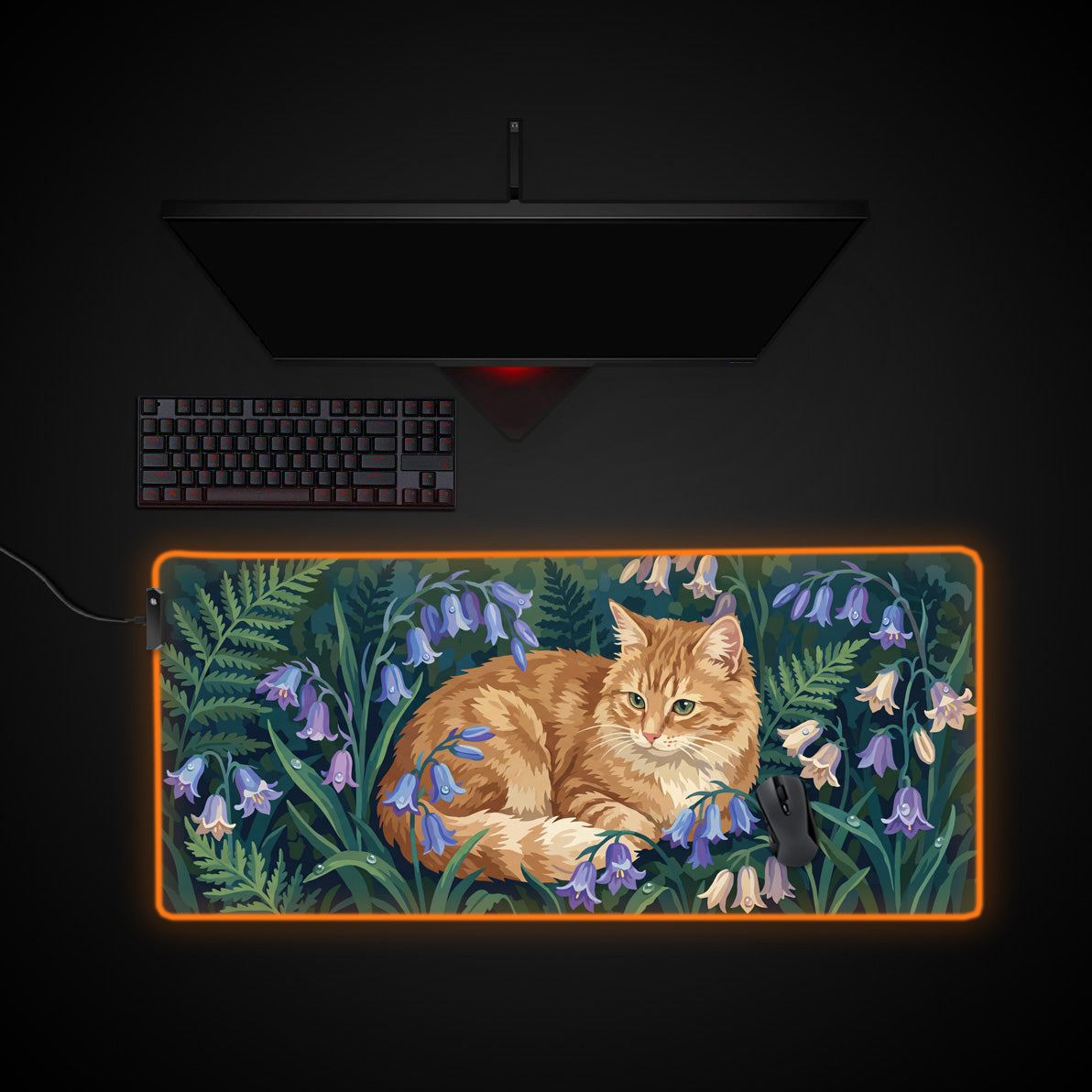 Tranquil Tabby desk mat with RGB edge lighting