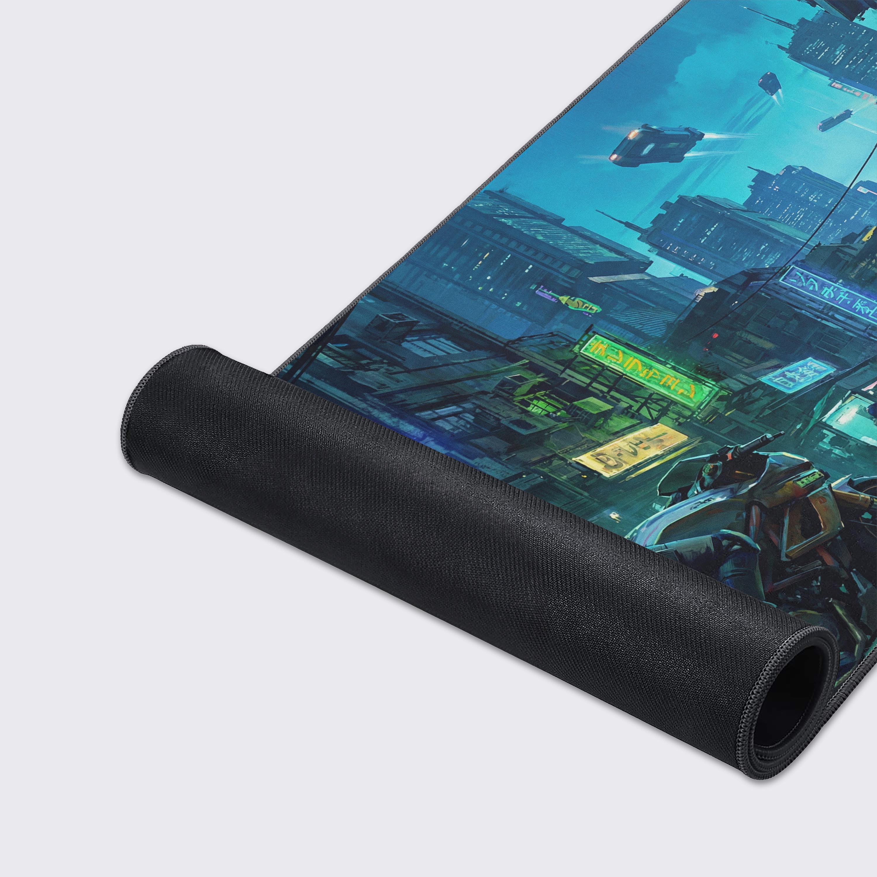 A close-up of the Urban Rebel gaming desk mat, highlighting the high-definition print of the neon cityscape and the durable, anti-fray stitched edges. - Epic Design Pads & Mousepads