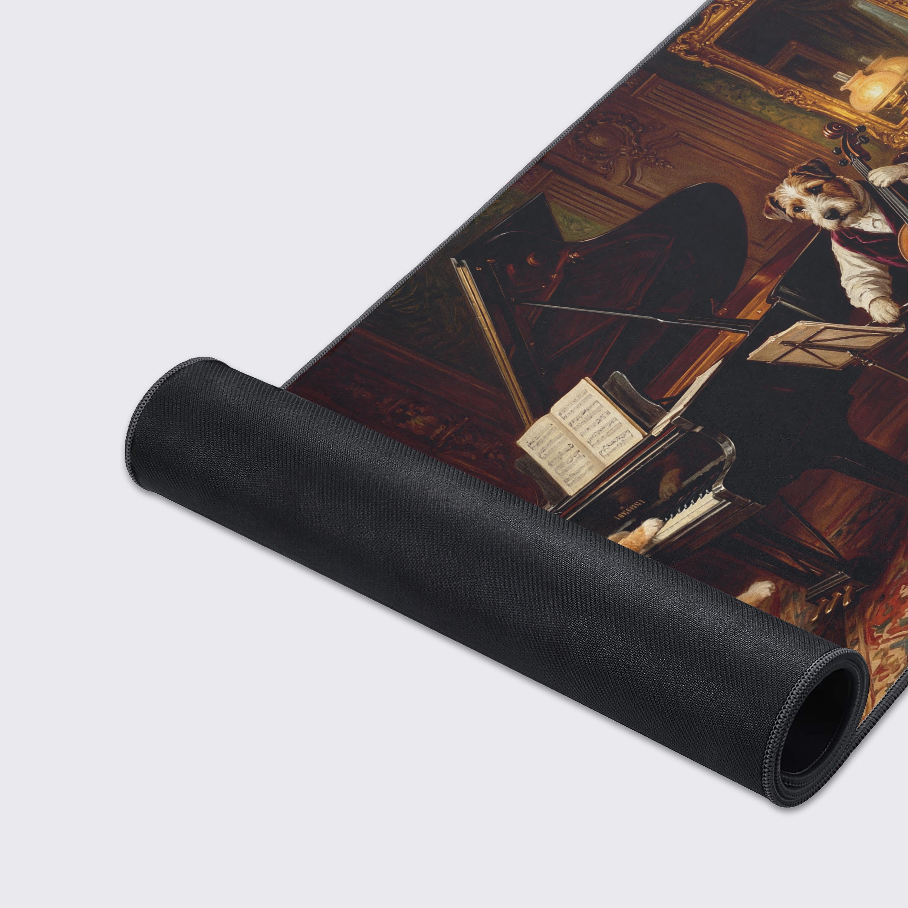 A close-up of the Parlor Concerto gaming desk mat, highlighting the detailed art of animal musicians and the durable stitched edges on the smooth, non-slip surface. - Epic Design Pads & Mousepads