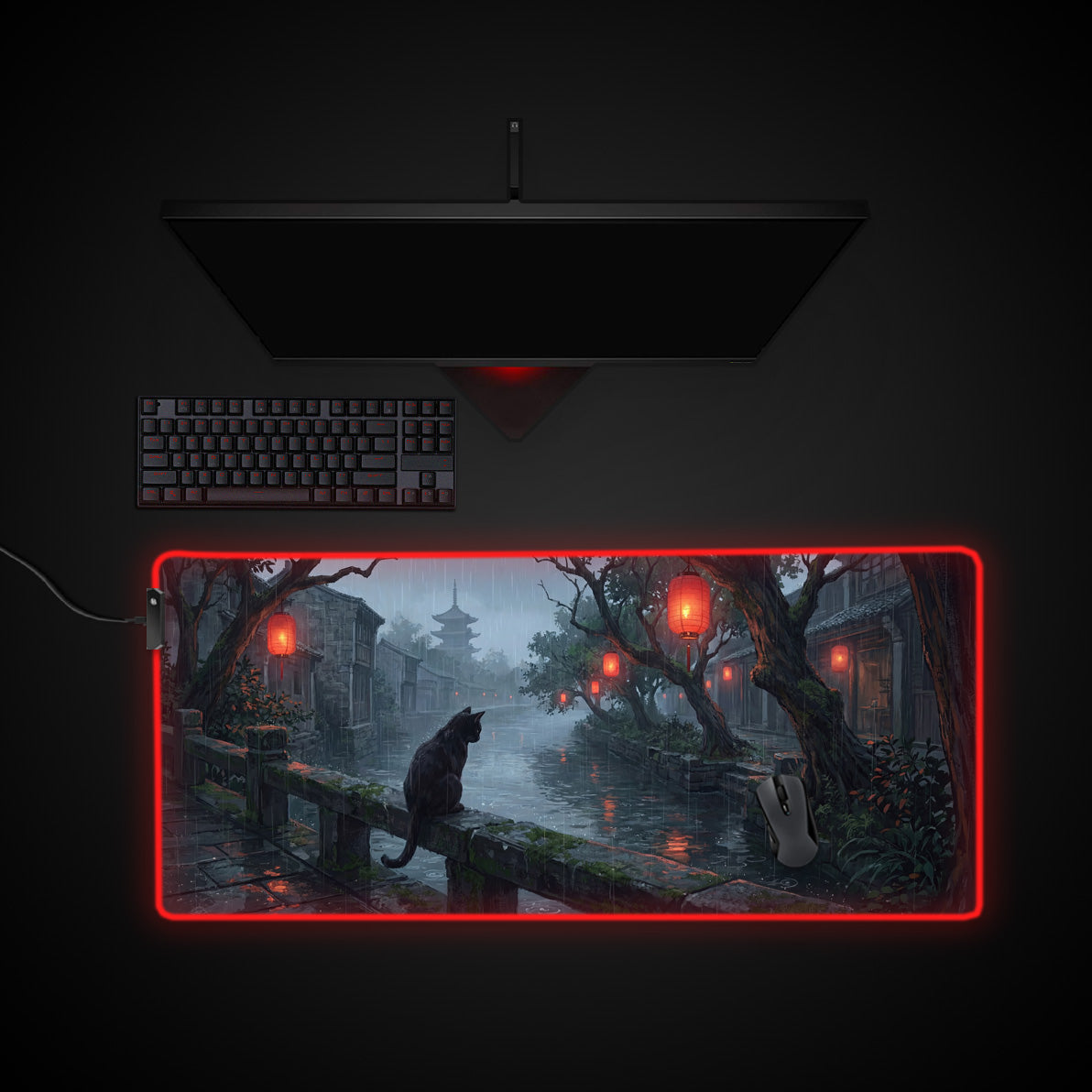 Rainy Watcher desk mat with RGB edge lighting