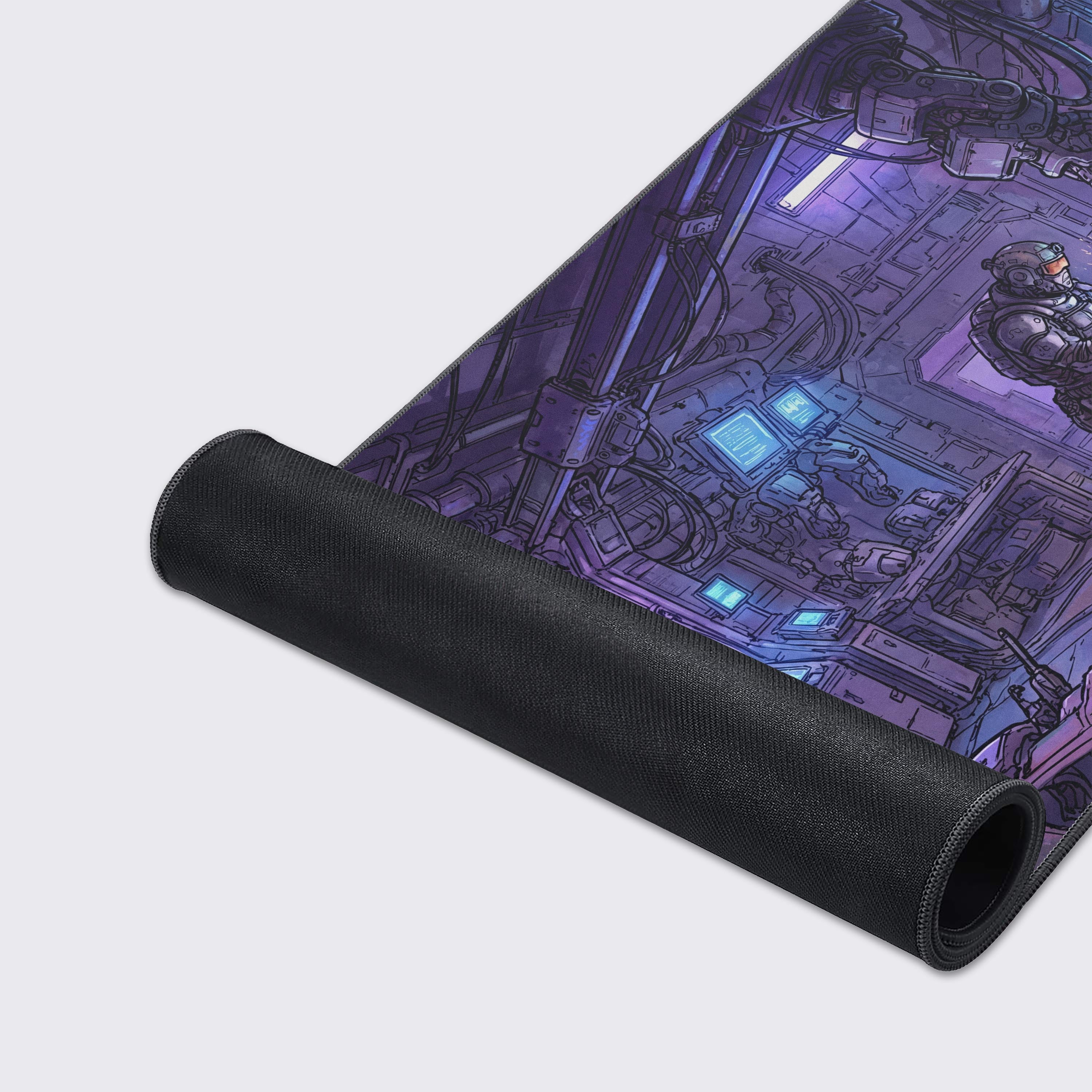 A close-up of the Neon Workshop gaming desk mat highlights its durable stitched edges and smooth fabric texture, showcasing the detailed cyberpunk artwork. - Epic Design Pads & Mousepads
