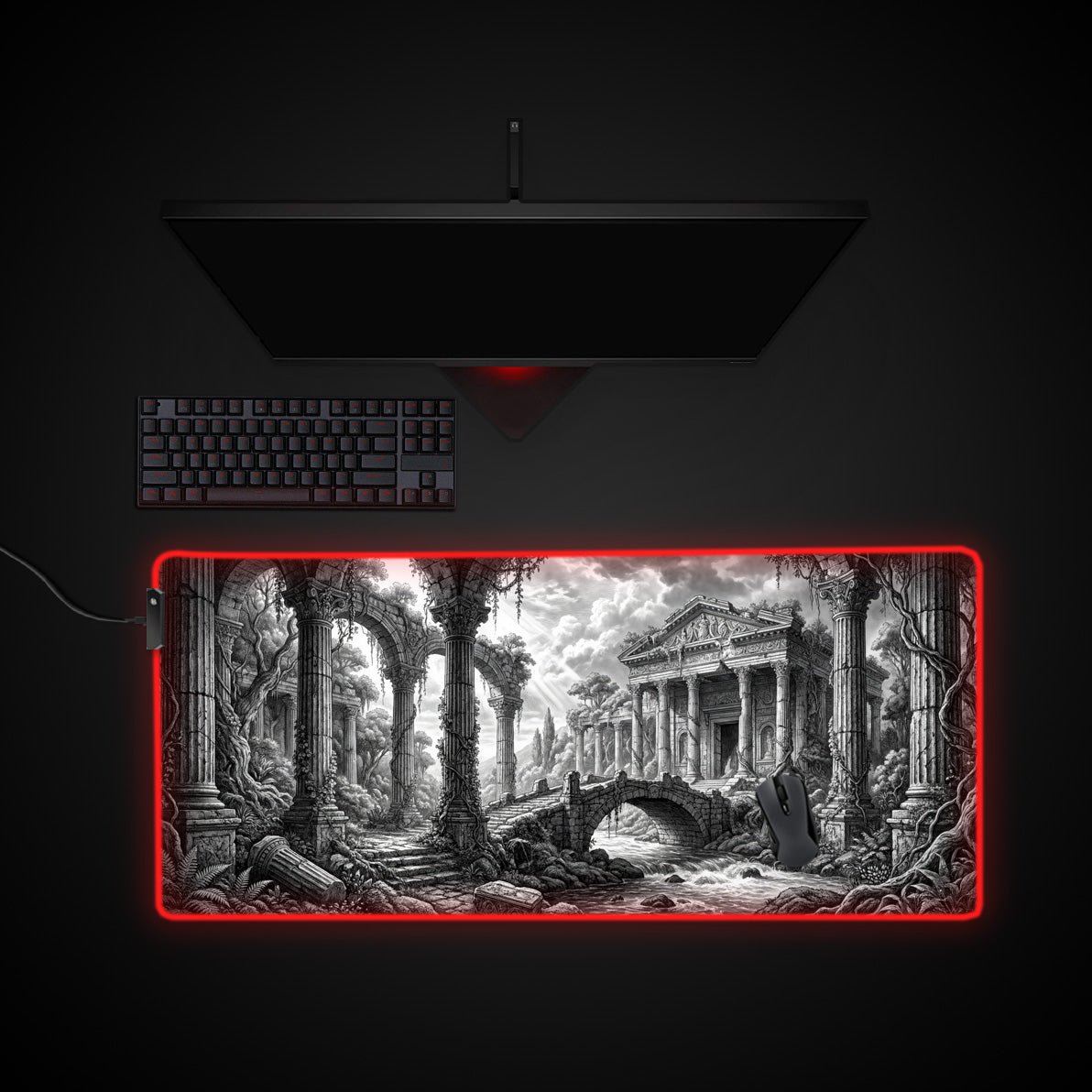 Timeless Ruins desk mat with RGB edge lighting